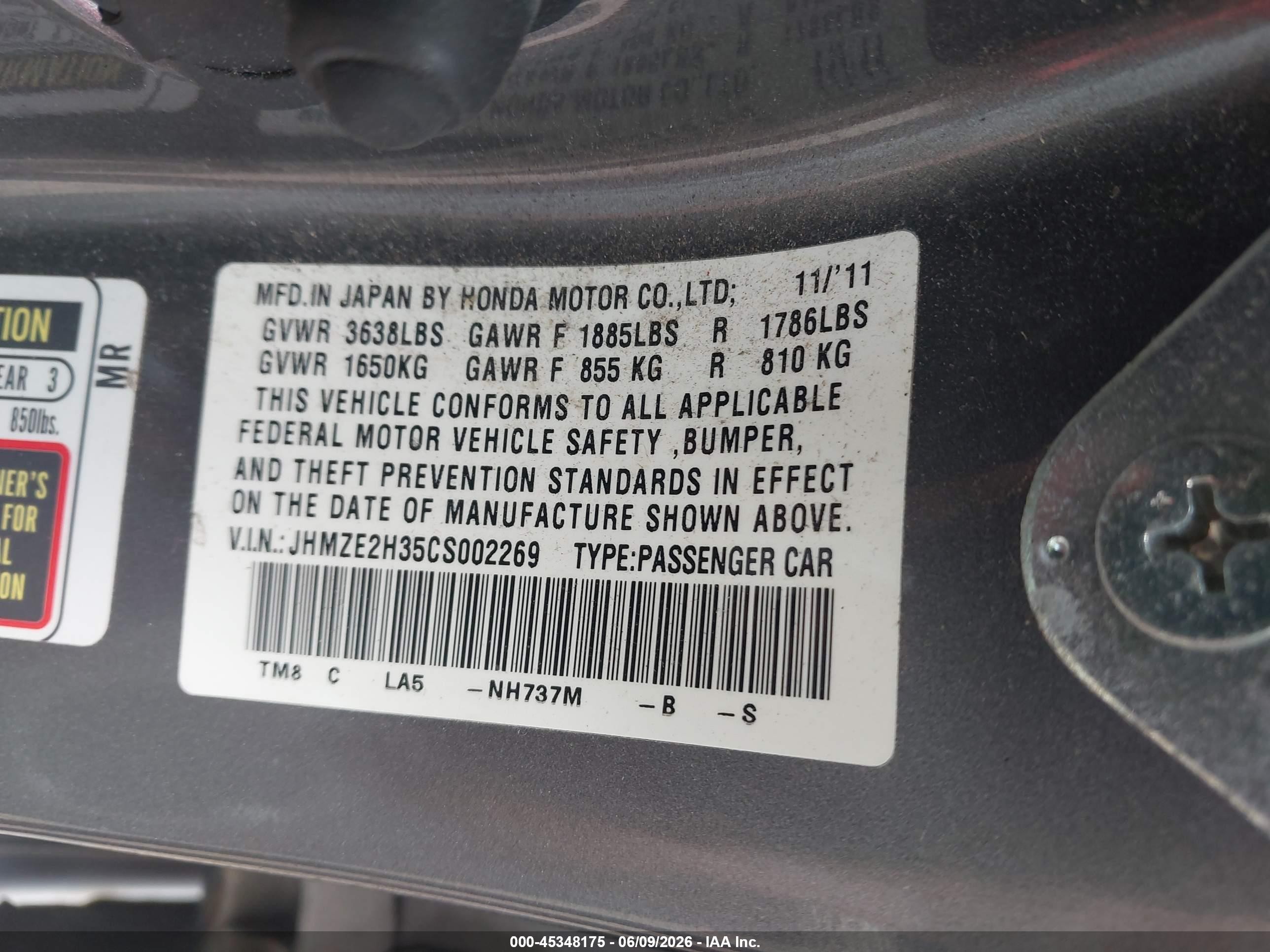 2012 Honda Insight   Gray vin: JHMZE2H35CS002269