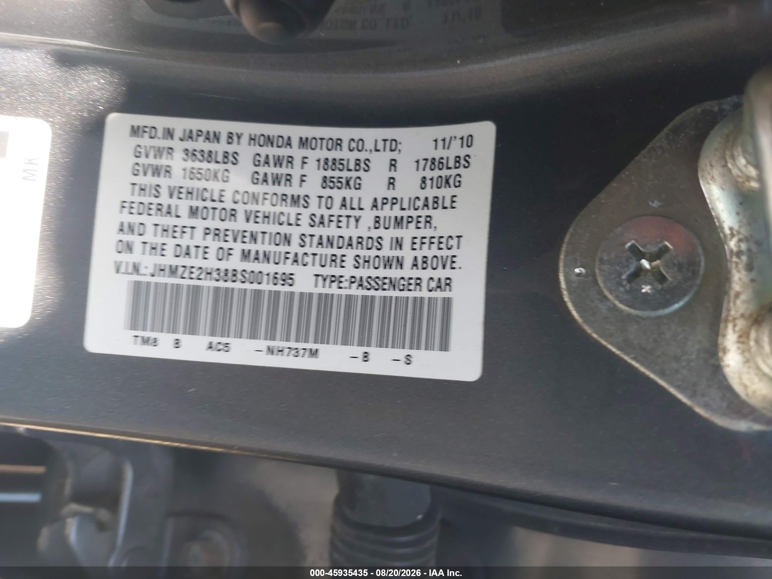 2011 Honda Insight   Gray vin: JHMZE2H38BS001695