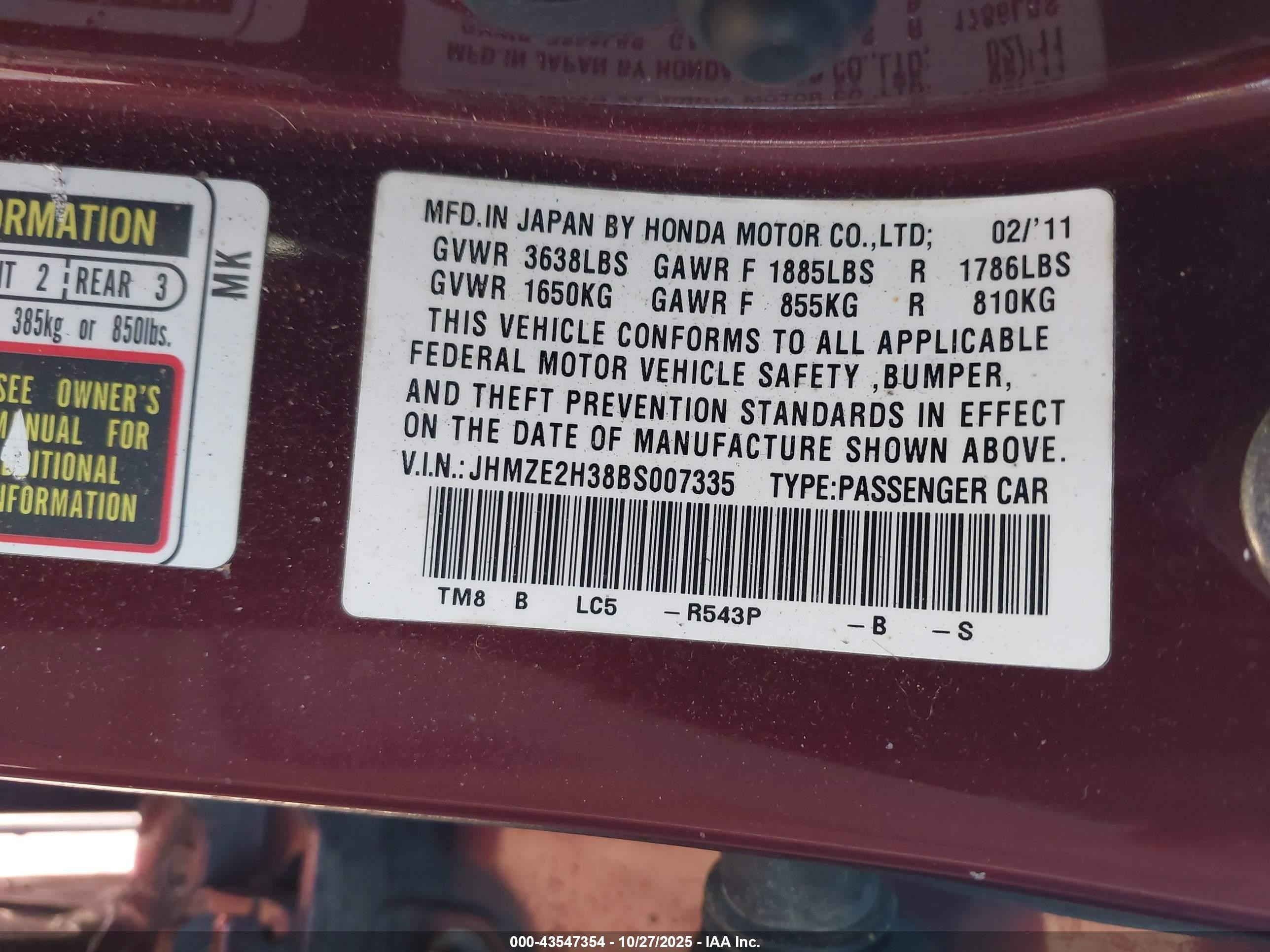 2011 Honda Insight   Burgundy vin: JHMZE2H38BS007335