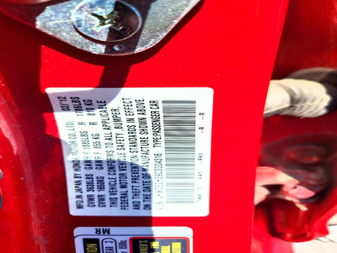 2012 Honda Insight Red vin: JHMZE2H39CS004316