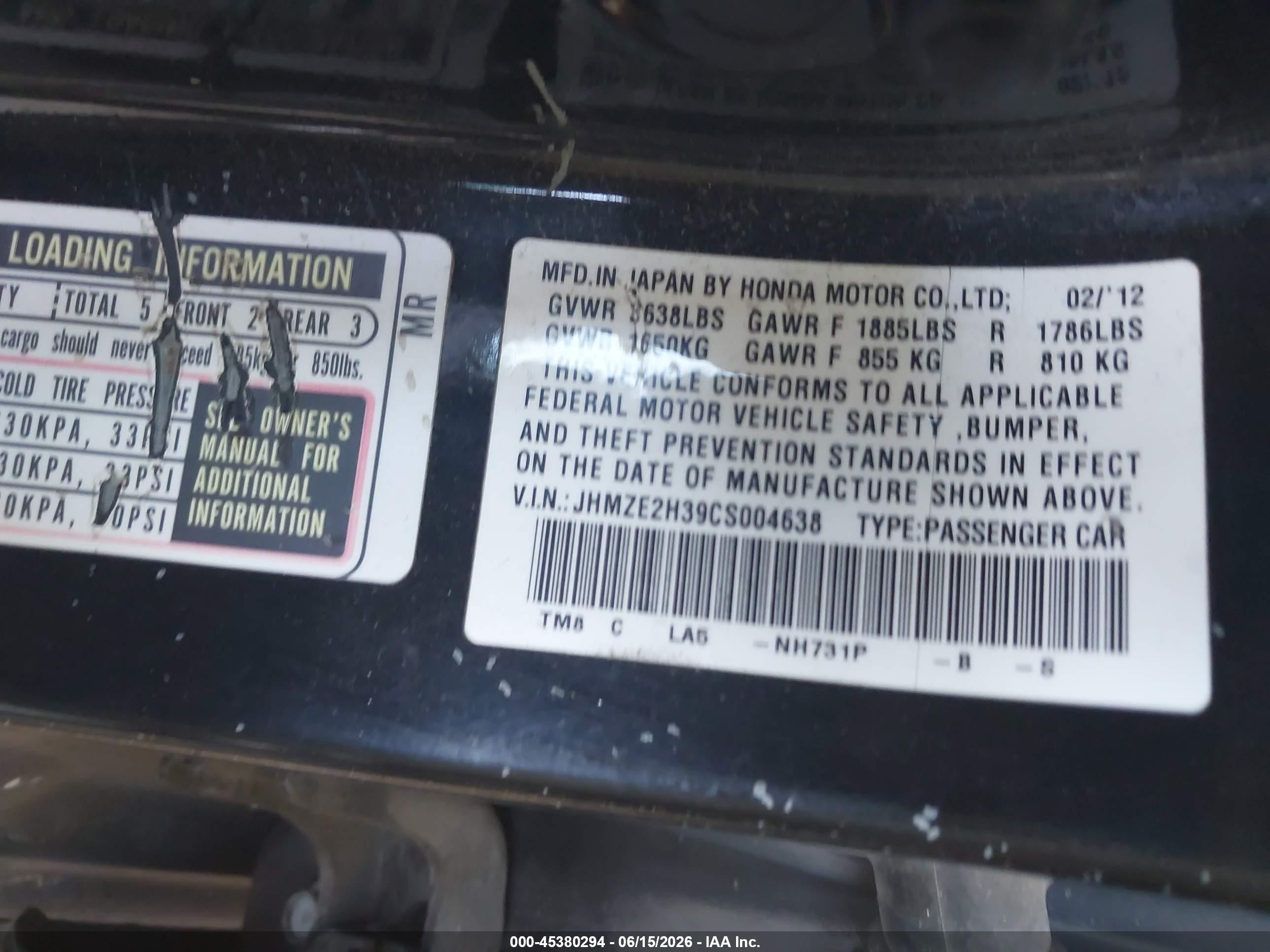 2012 Honda Insight   Black vin: JHMZE2H39CS004638