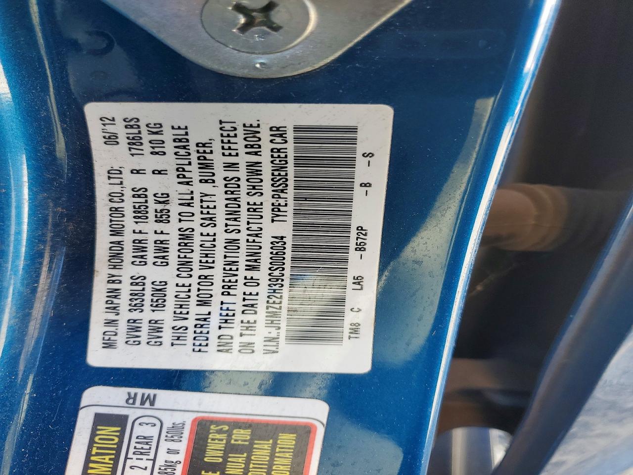 2012 Honda Insight Blue vin: JHMZE2H39CS006034