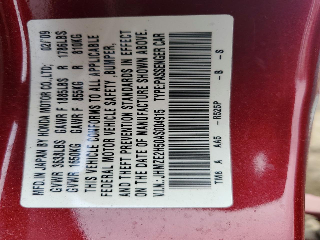 2010 Honda Insight Lx Red vin: JHMZE2H50AS004915