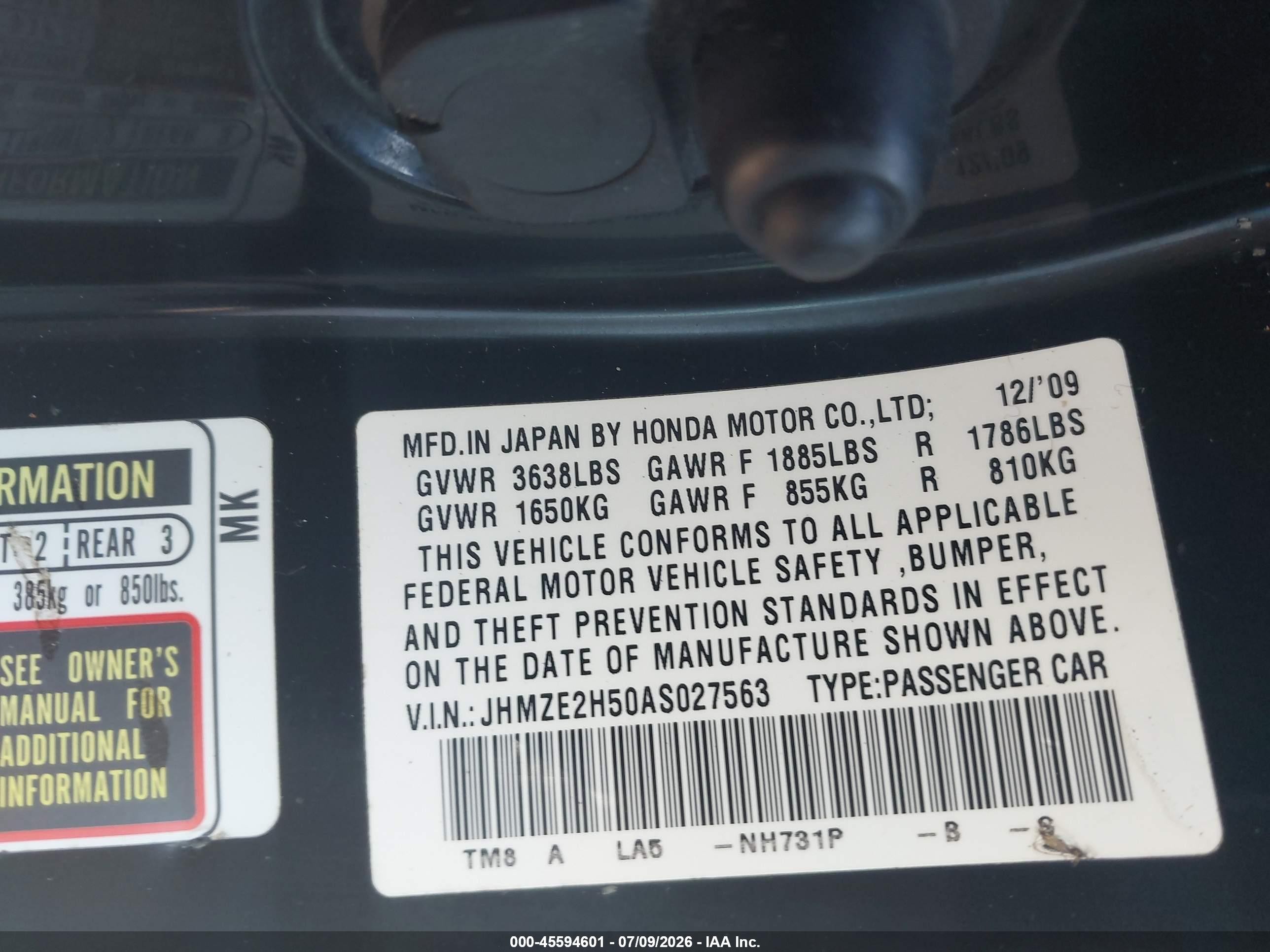 2010 Honda Insight Lx Black vin: JHMZE2H50AS027563