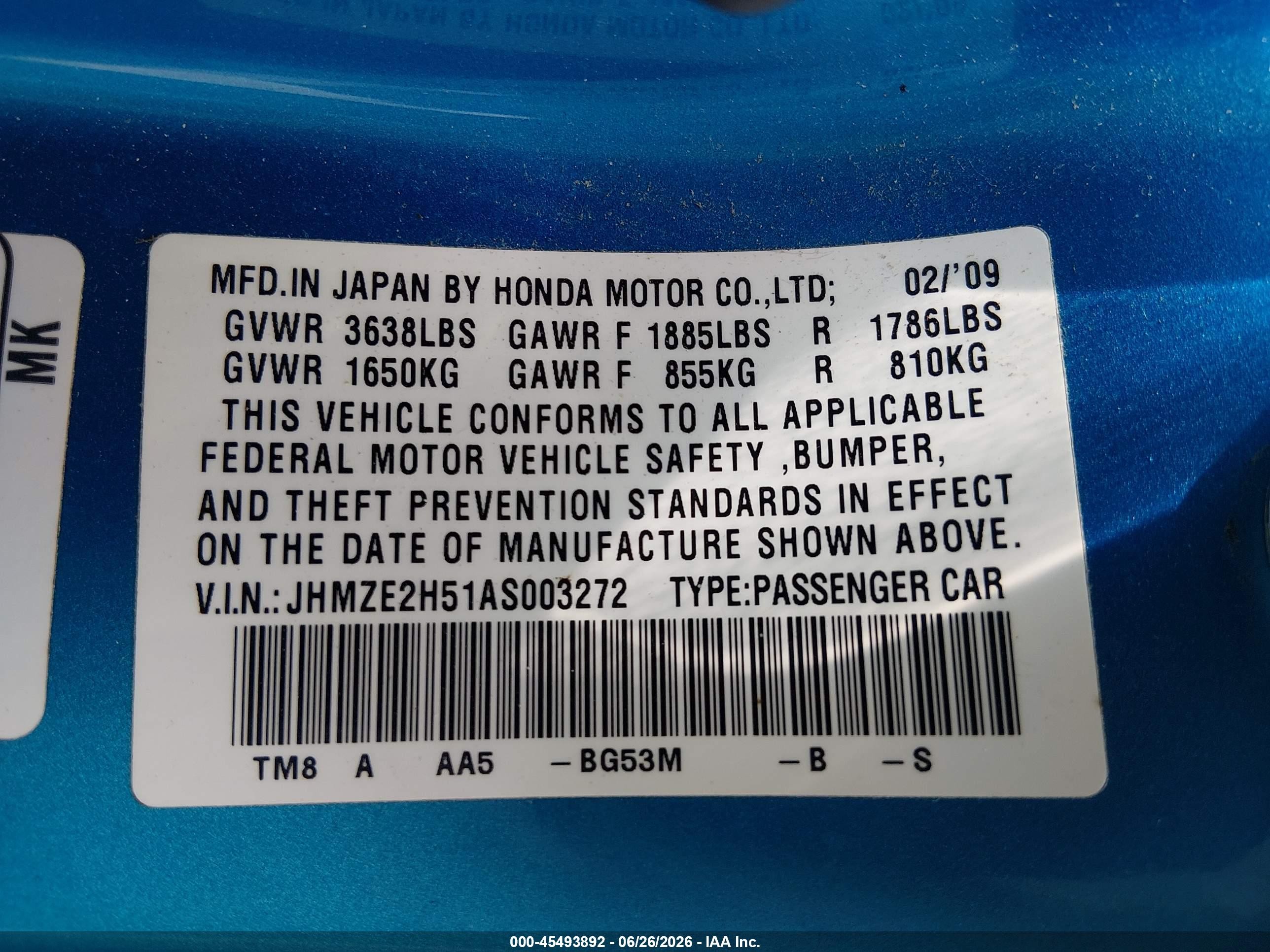 2010 Honda Insight Lx Blue vin: JHMZE2H51AS003272