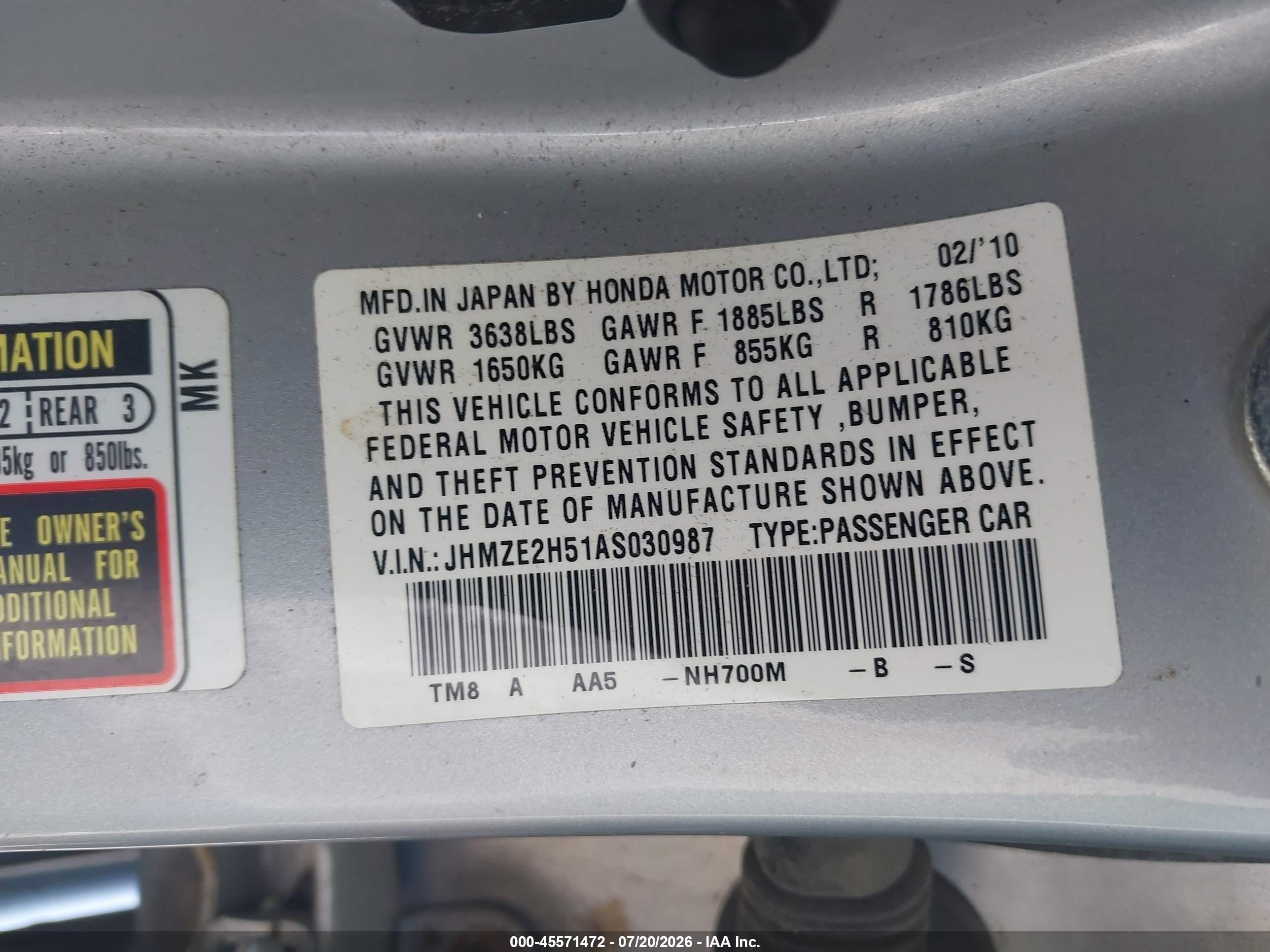 2010 Honda Insight Lx Silver vin: JHMZE2H51AS030987