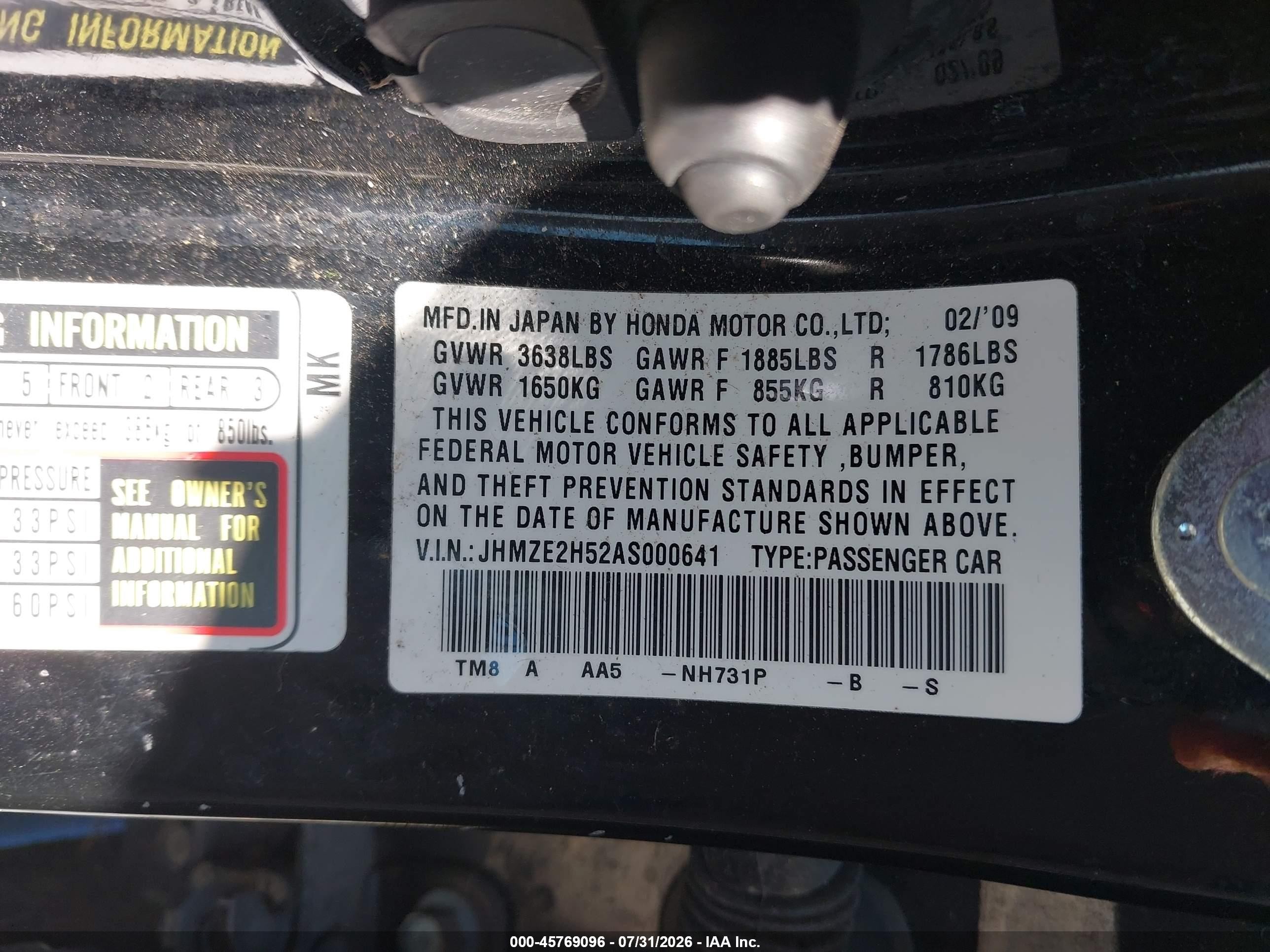 2010 Honda Insight Lx Black vin: JHMZE2H52AS000641