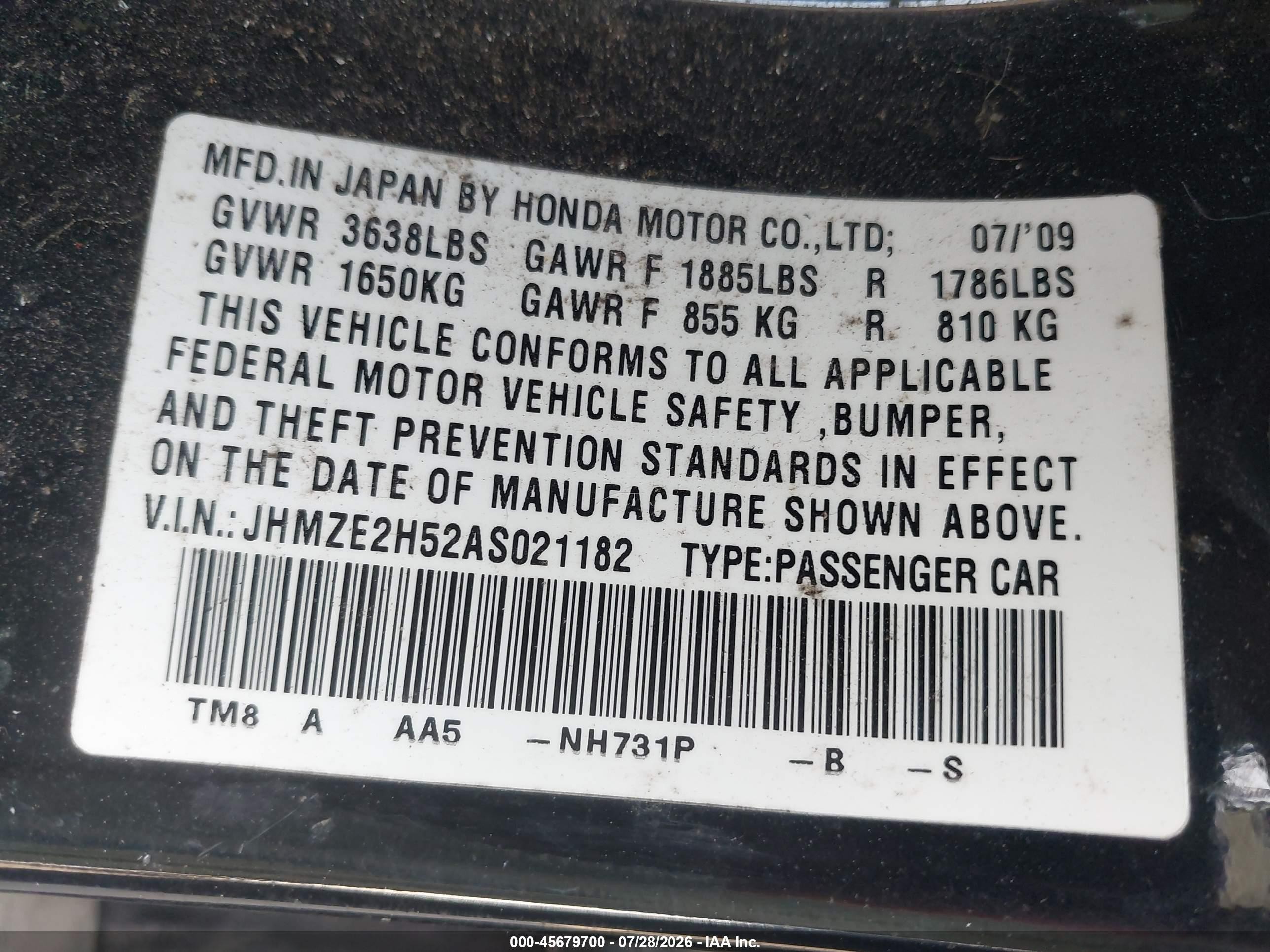 2010 Honda Insight Lx Black vin: JHMZE2H52AS021182