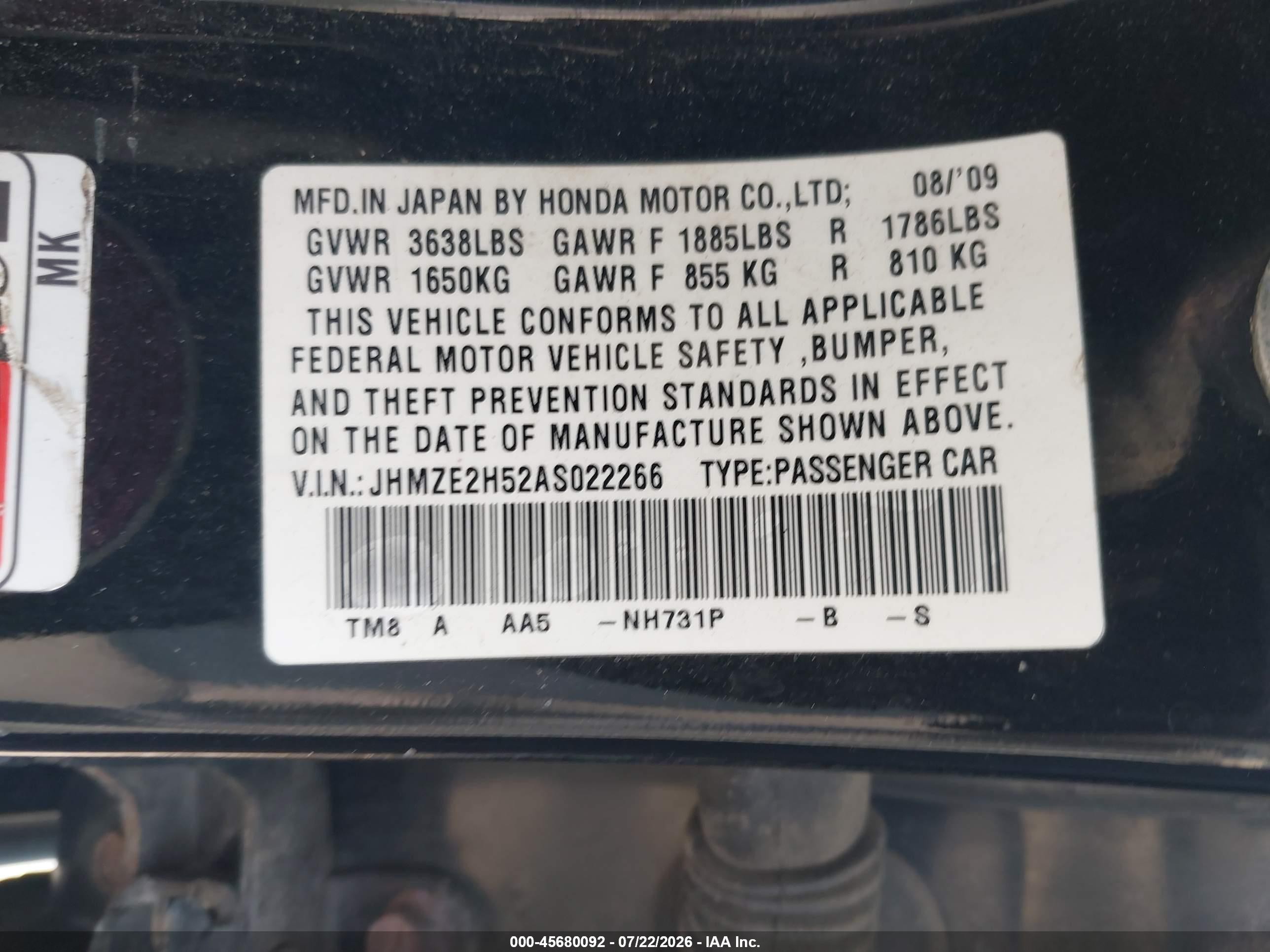 2010 Honda Insight Lx Black vin: JHMZE2H52AS022266