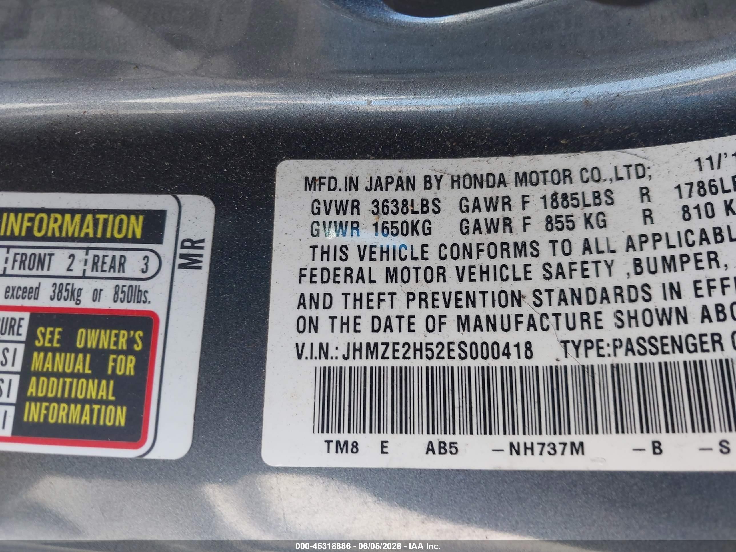 2014 Honda Insight Lx Gray vin: JHMZE2H52ES000418