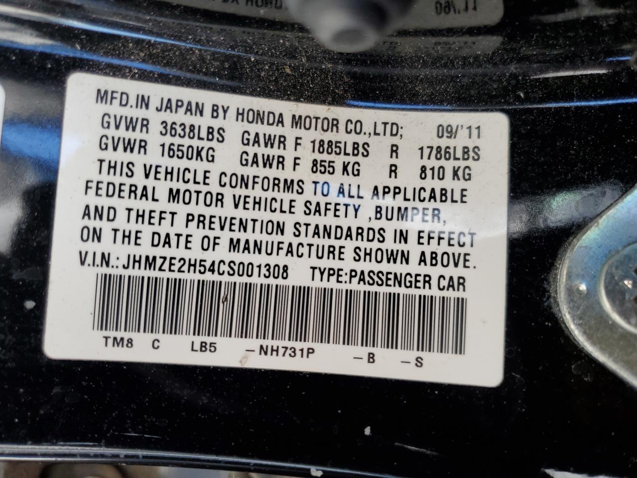 2012 Honda Insight Lx Black vin: JHMZE2H54CS001308