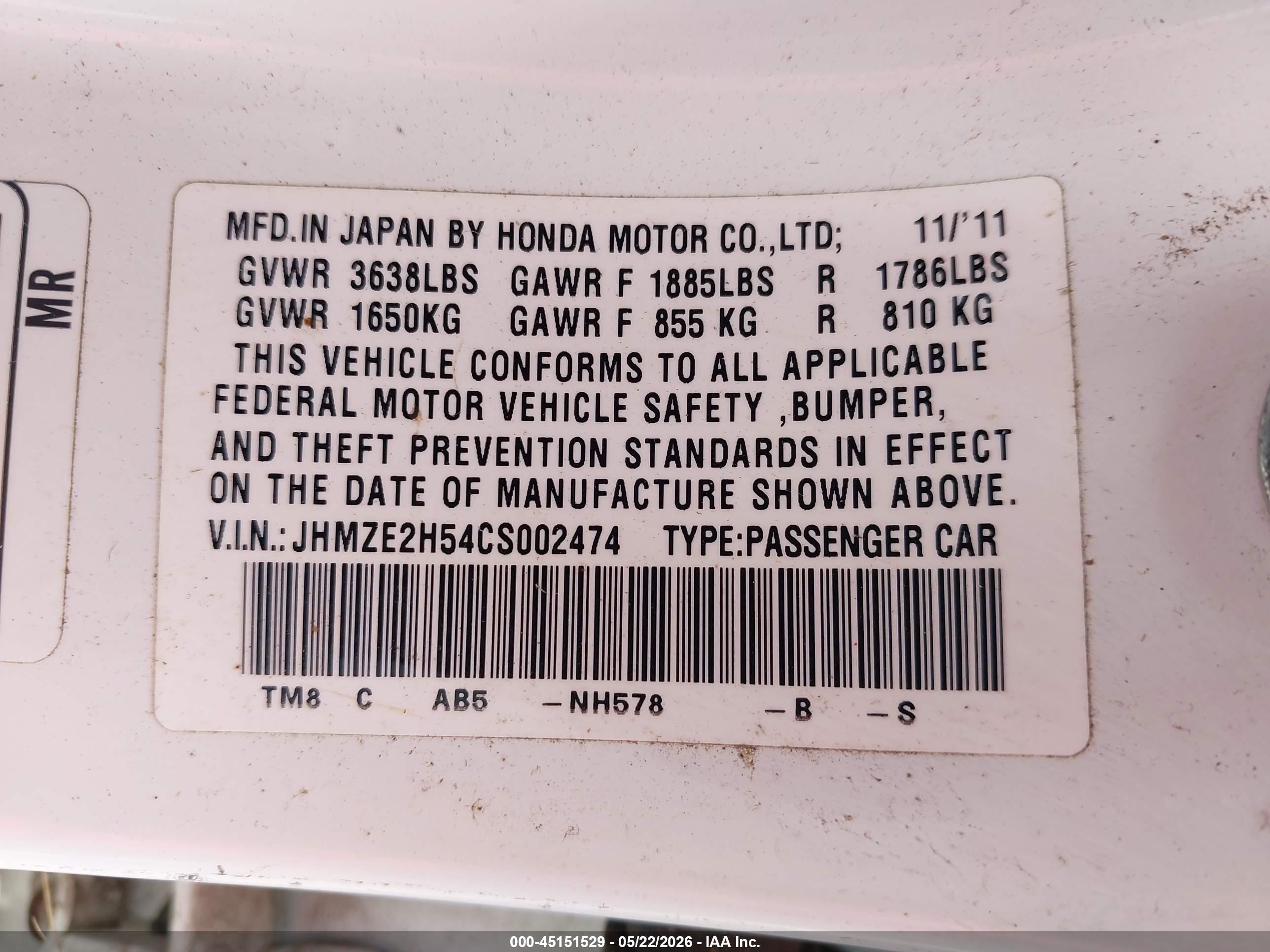 2012 Honda Insight Lx White vin: JHMZE2H54CS002474