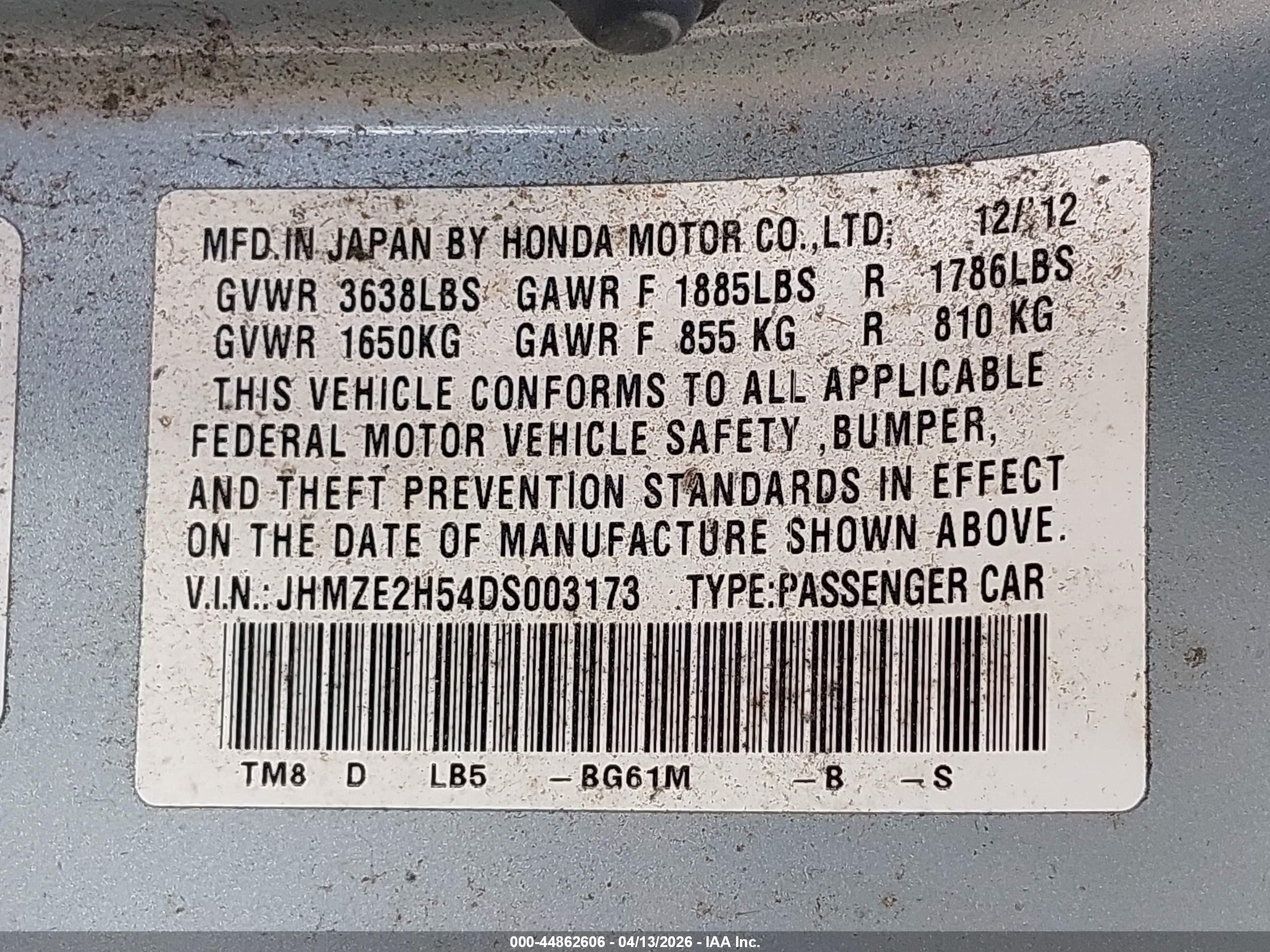2013 Honda Insight Lx Light Blue vin: JHMZE2H54DS003173