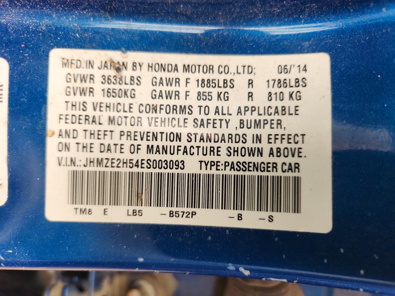 2014 Honda Insight Lx Blue vin: JHMZE2H54ES003093