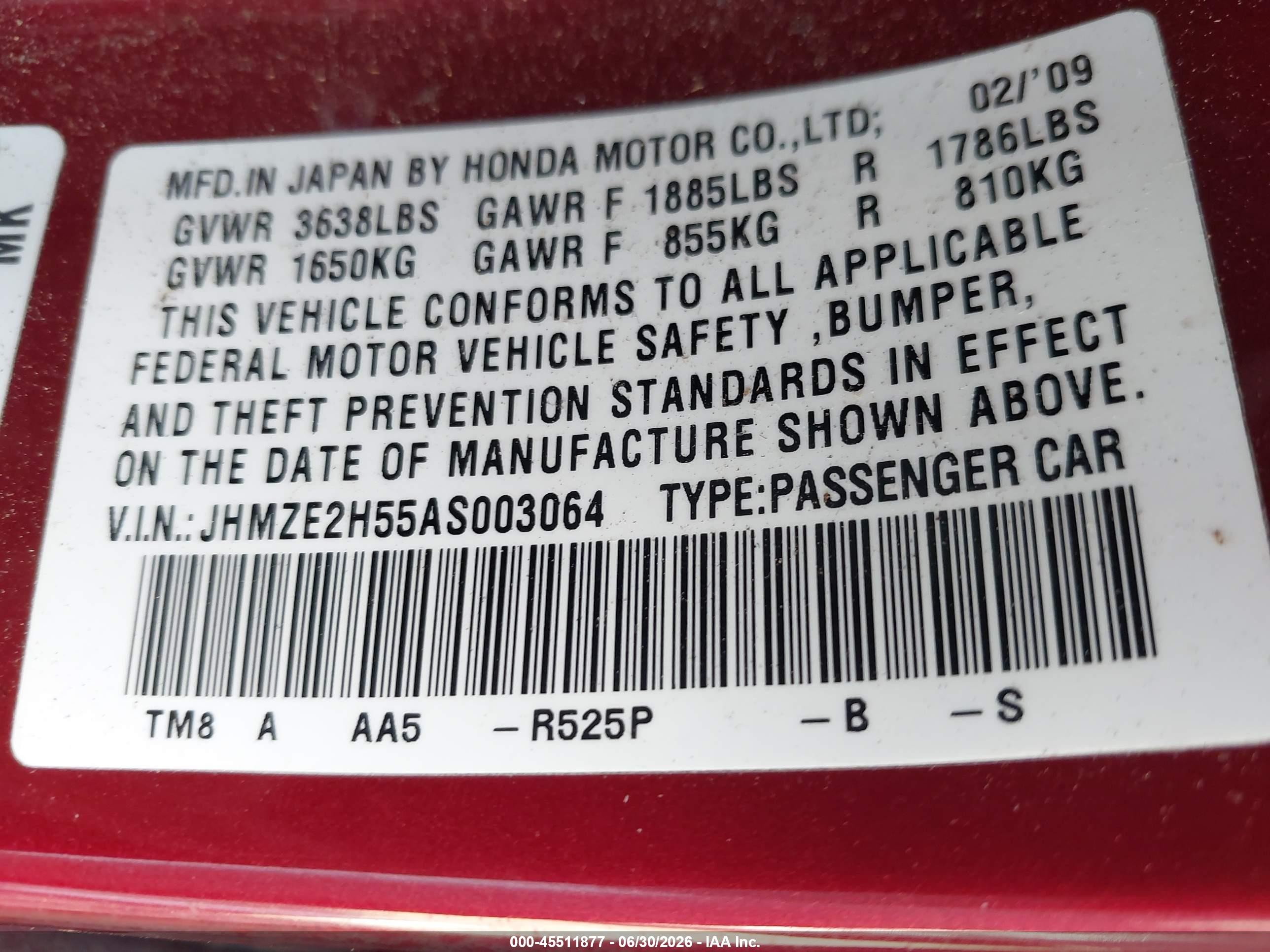 2010 Honda Insight Lx Burgundy vin: JHMZE2H55AS003064