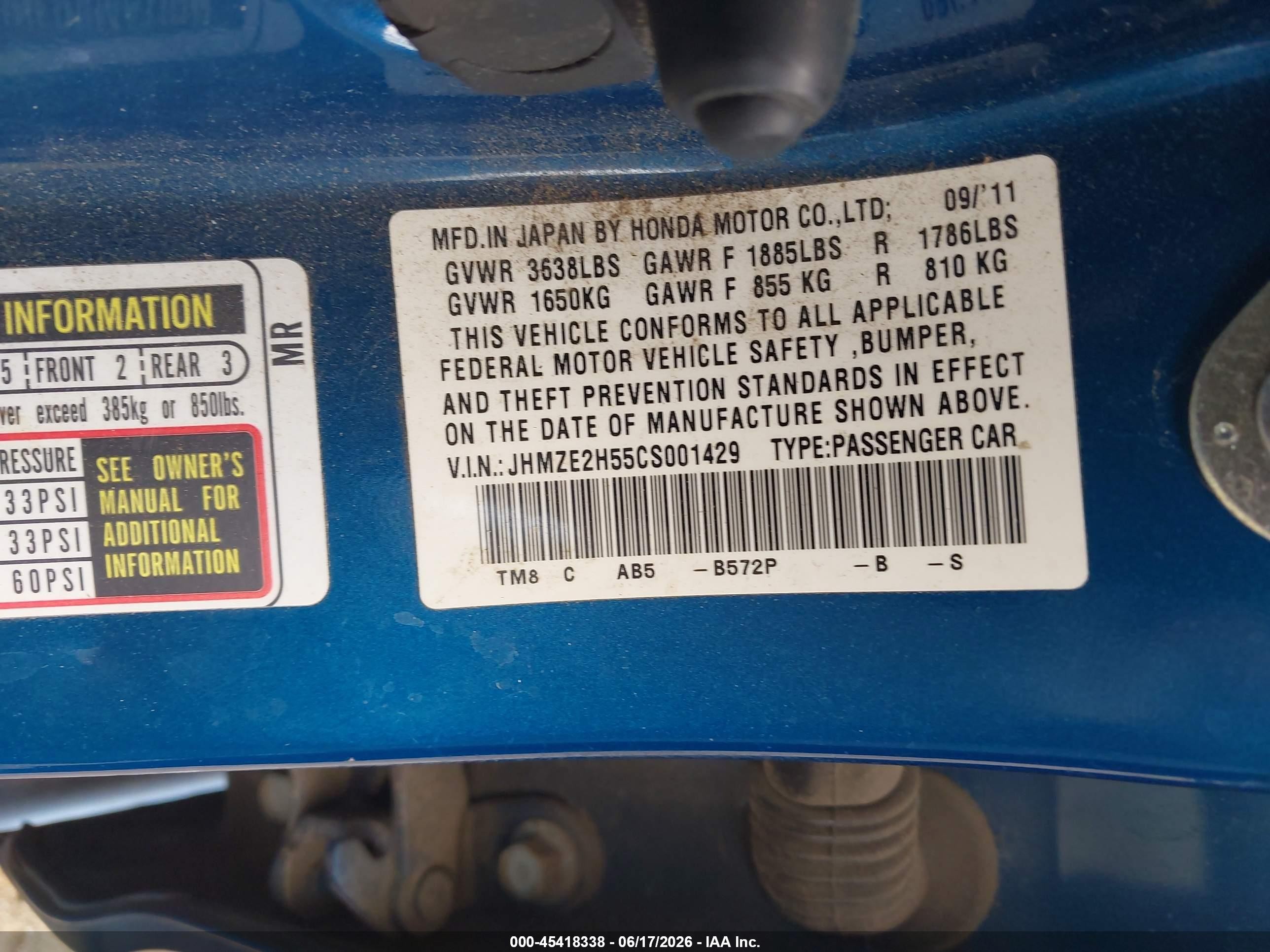 2012 Honda Insight Lx Blue vin: JHMZE2H55CS001429