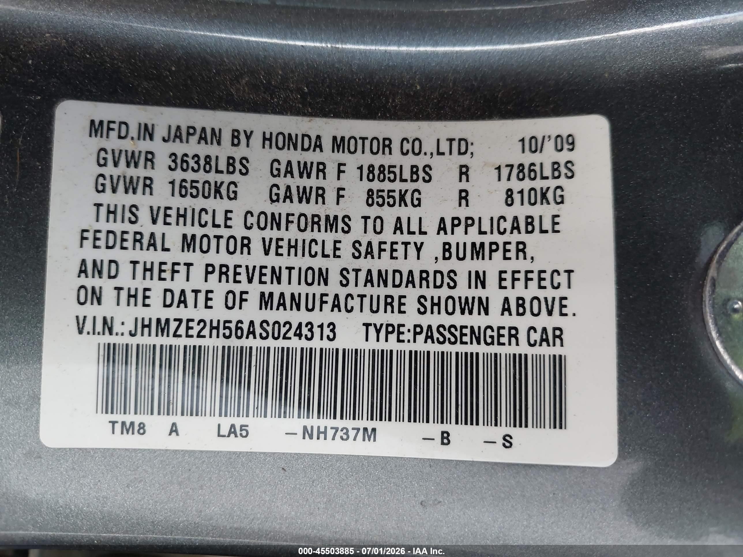 2010 Honda Insight Lx Gray vin: JHMZE2H56AS024313