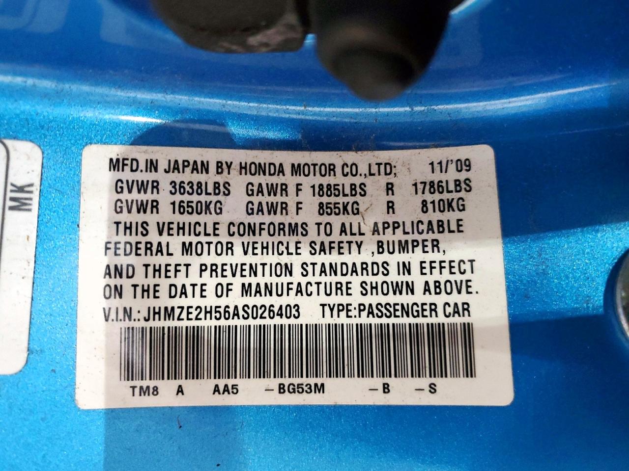 2010 Honda Insight Lx Blue vin: JHMZE2H56AS026403