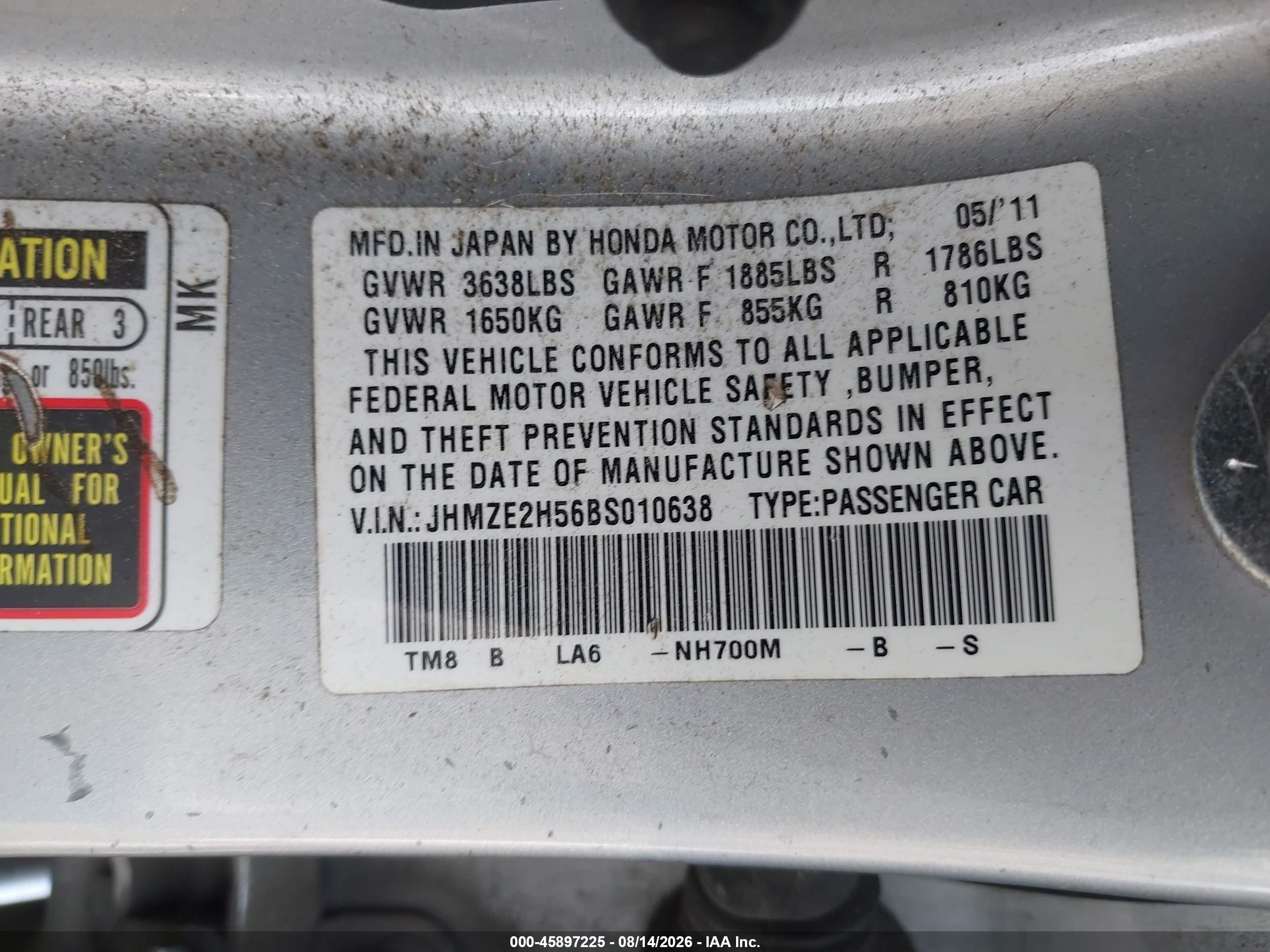 2011 Honda Insight Lx Tan vin: JHMZE2H56BS010638