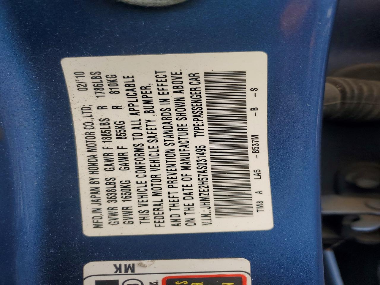 2010 Honda Insight Lx Blue vin: JHMZE2H57AS031495