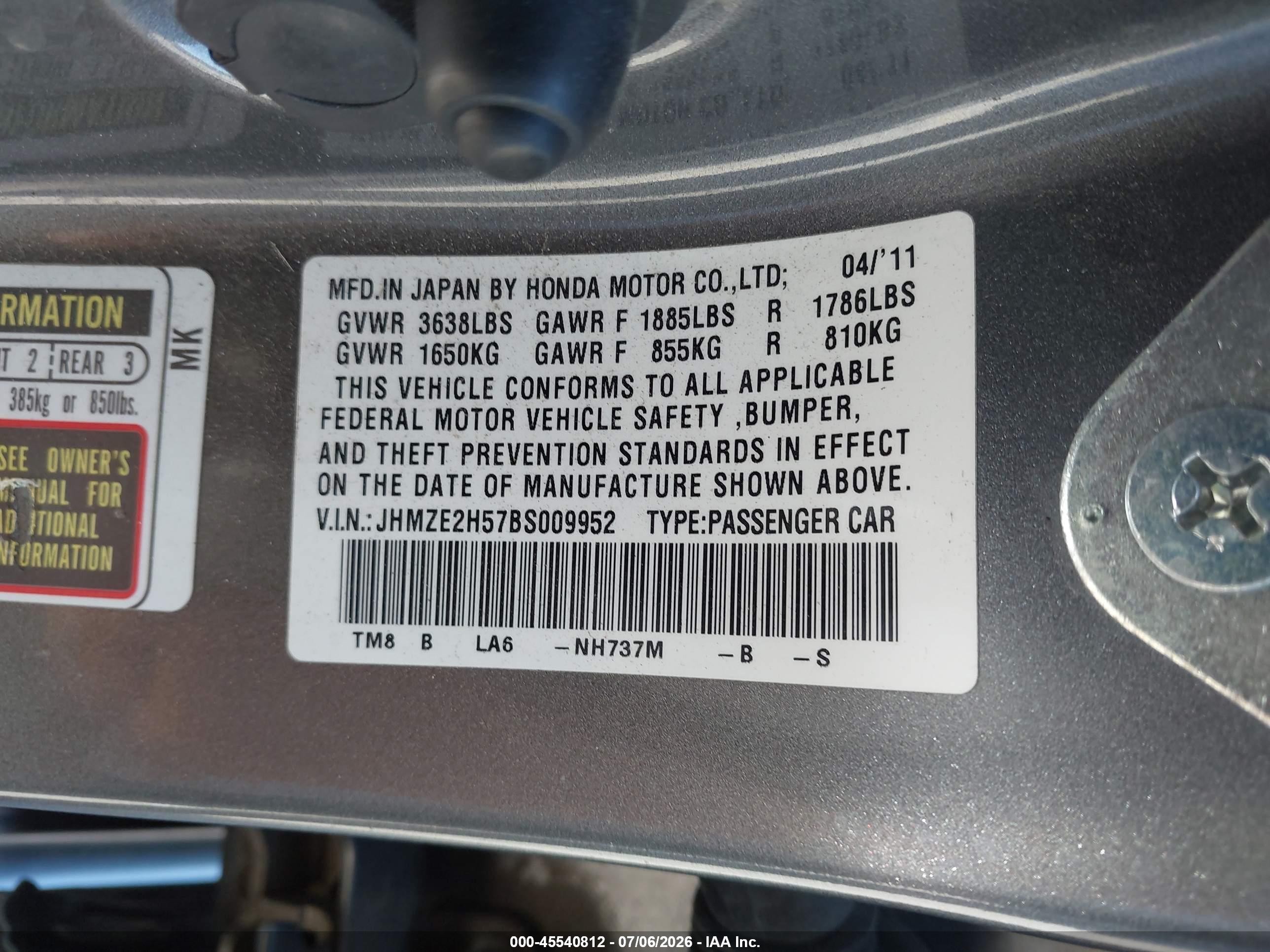 2011 Honda Insight Lx Gray vin: JHMZE2H57BS009952