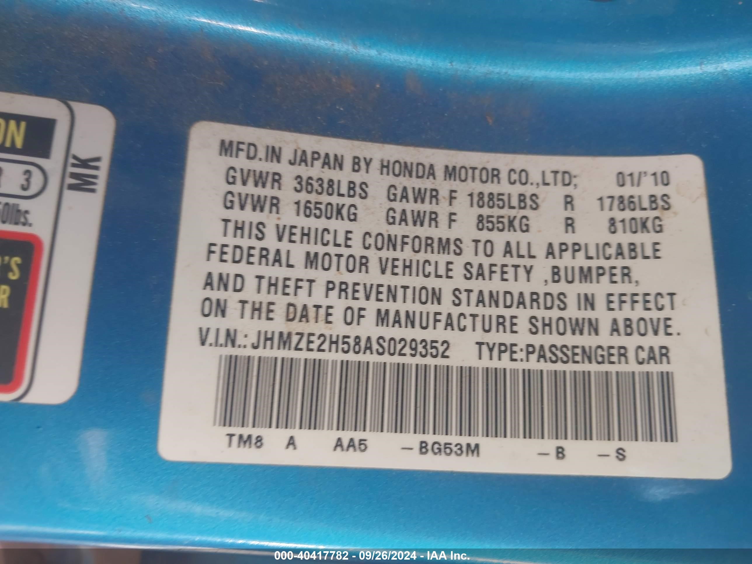 JHMZE2H58AS029352 — 2010 HONDA INSIGHT History & VIN | AutoHelperBot