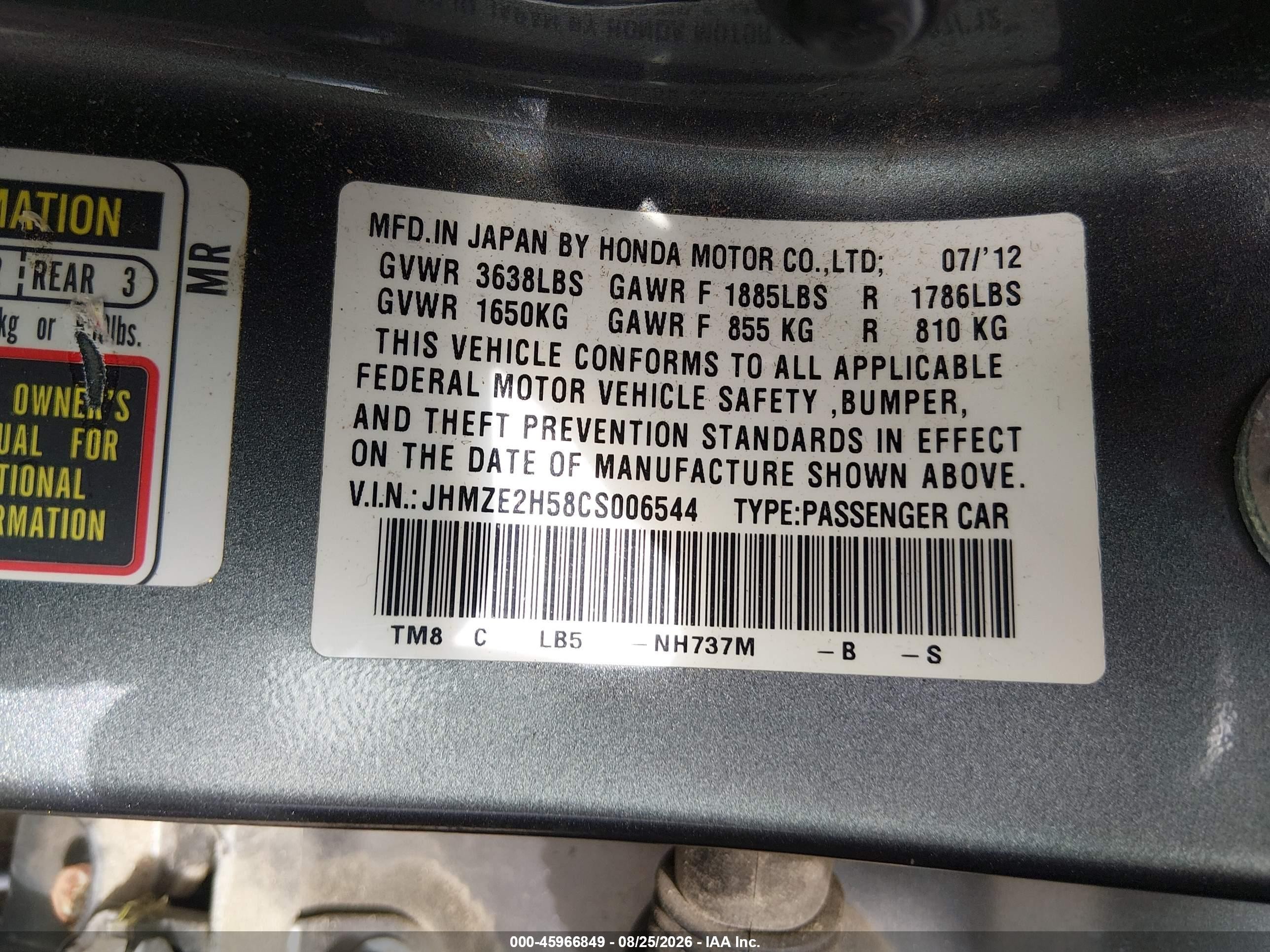 2012 Honda Insight Lx Gray vin: JHMZE2H58CS006544