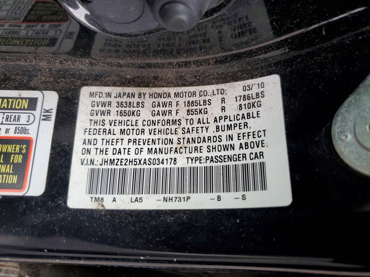 2010 Honda Insight Lx Black vin: JHMZE2H5XAS034178