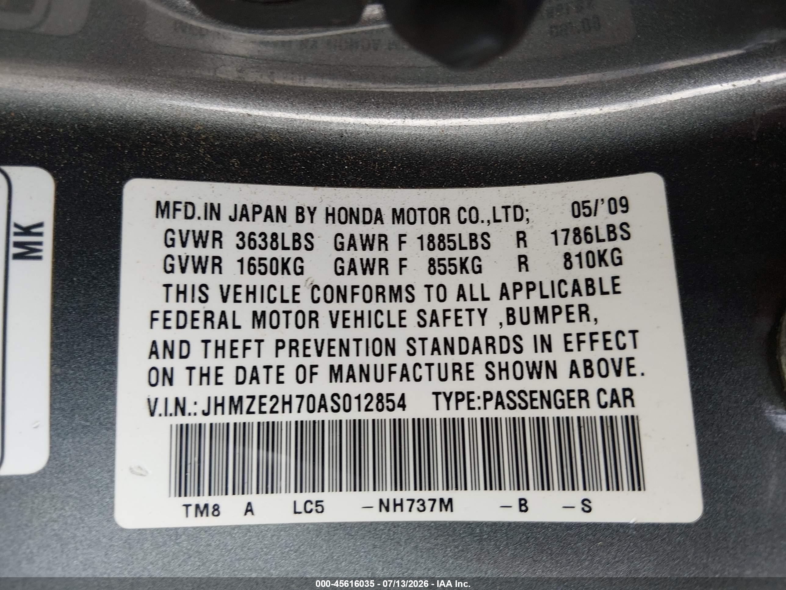 2010 Honda Insight Ex Gray vin: JHMZE2H70AS012854