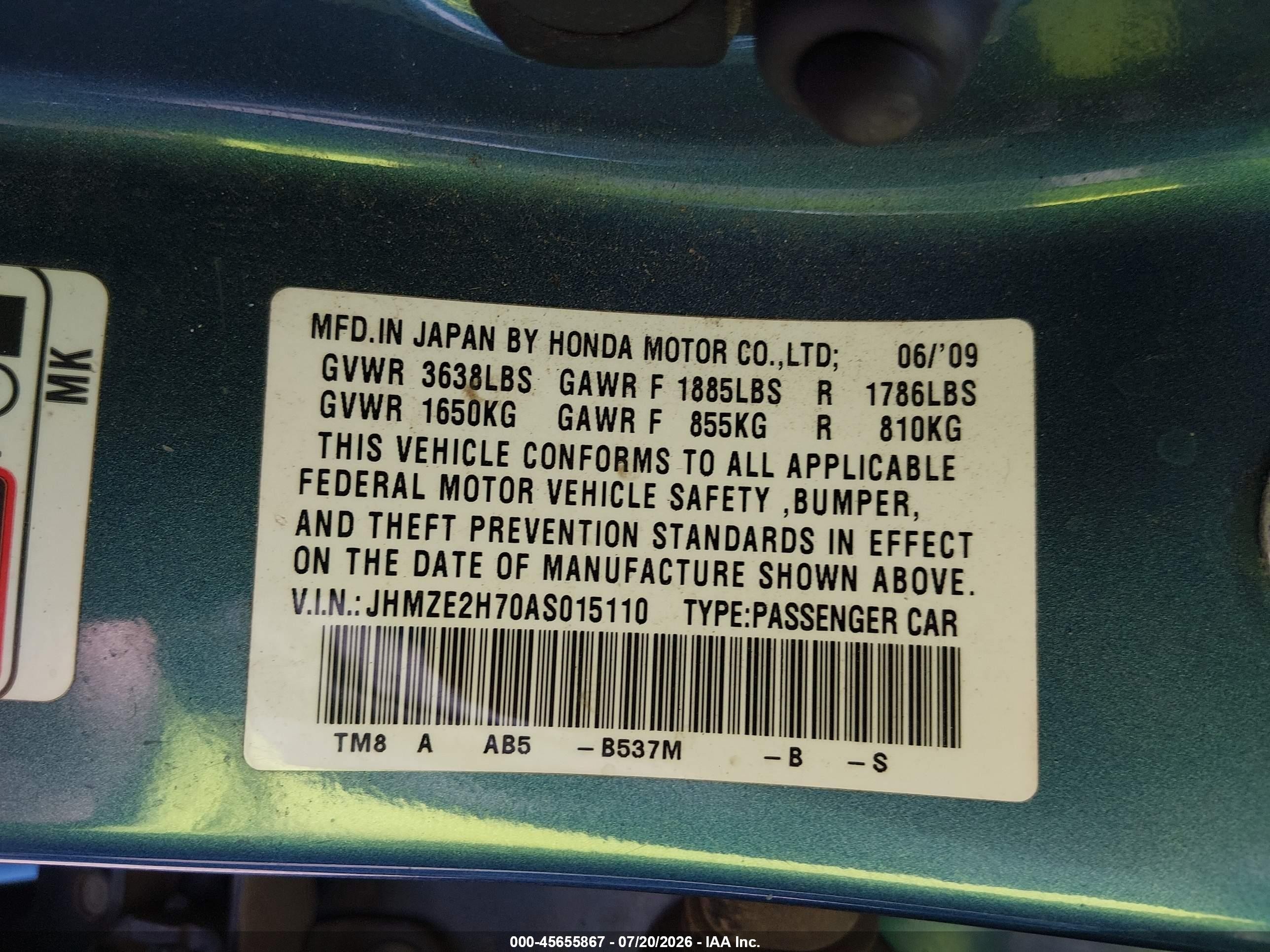 2010 Honda Insight Ex Blue vin: JHMZE2H70AS015110