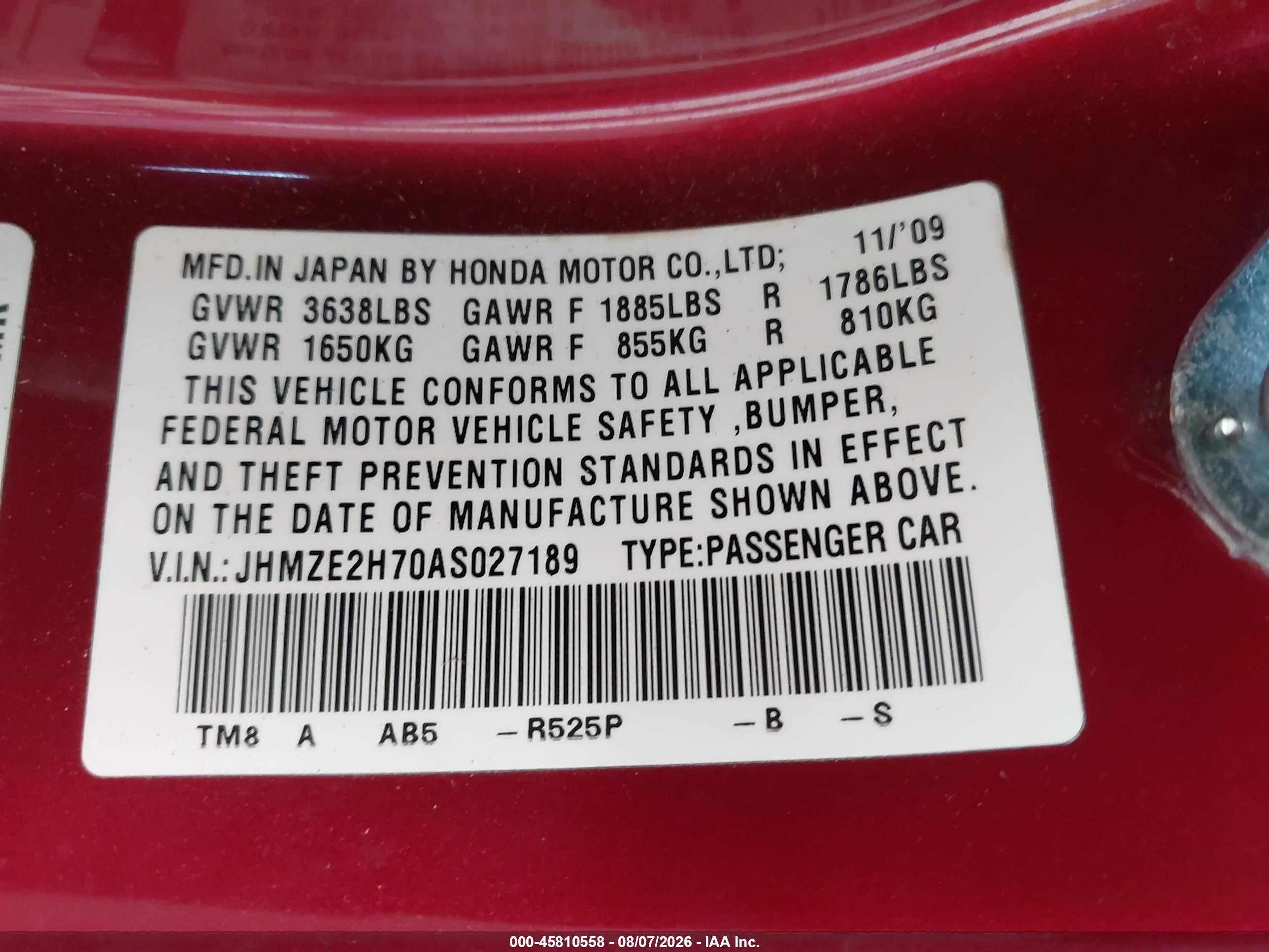 2010 Honda Insight Ex Red vin: JHMZE2H70AS027189