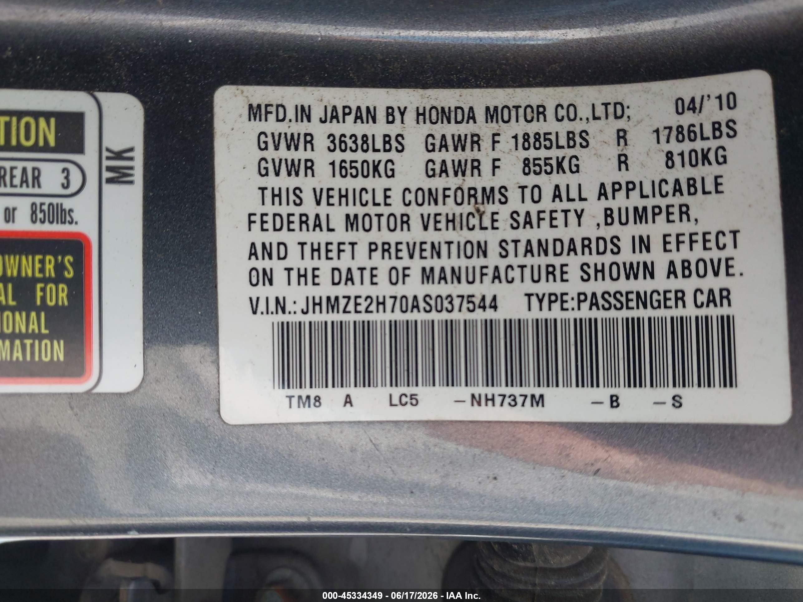 2010 Honda Insight Ex Gray vin: JHMZE2H70AS037544