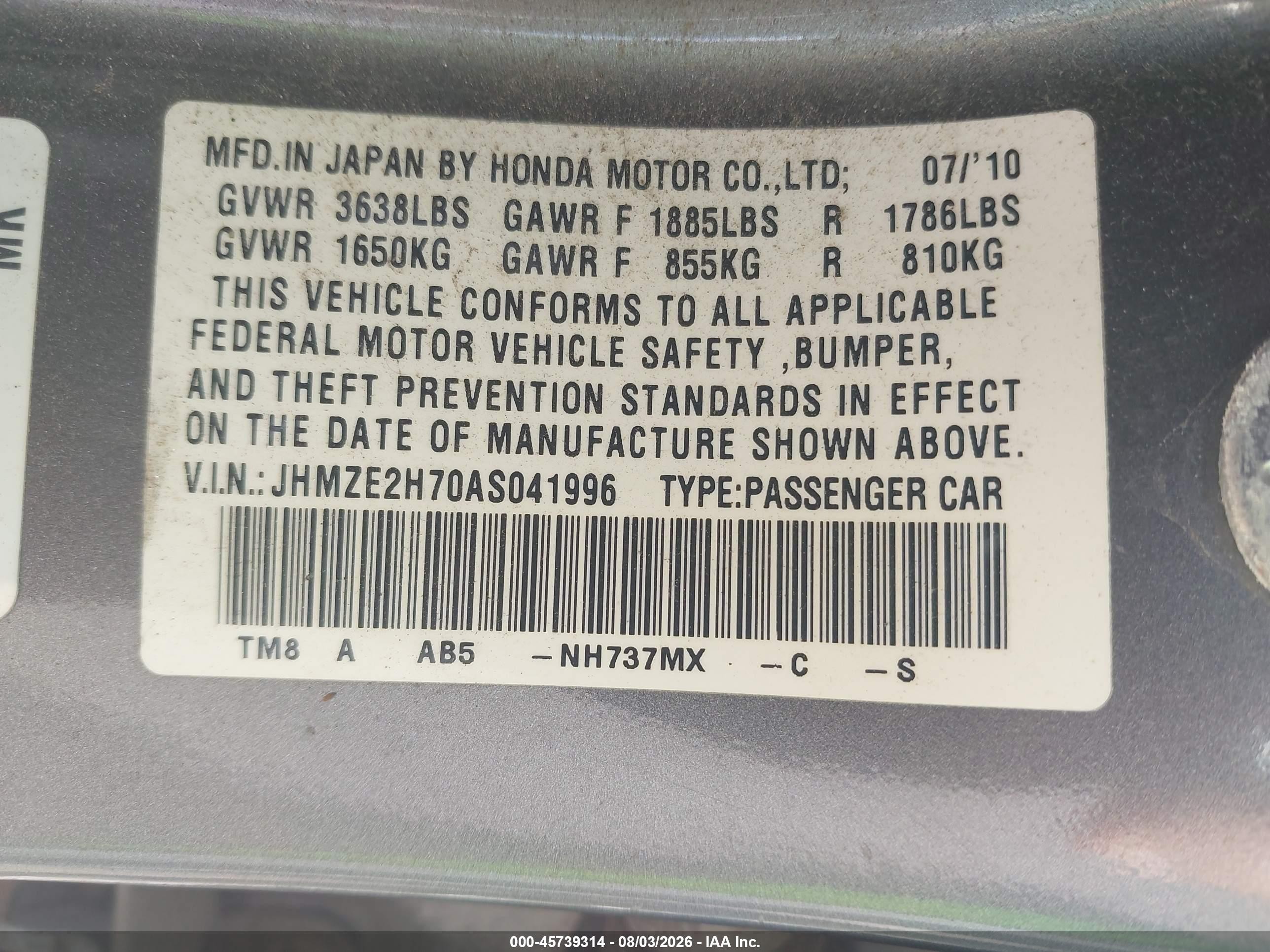 2010 Honda Insight Ex Gray vin: JHMZE2H70AS041996