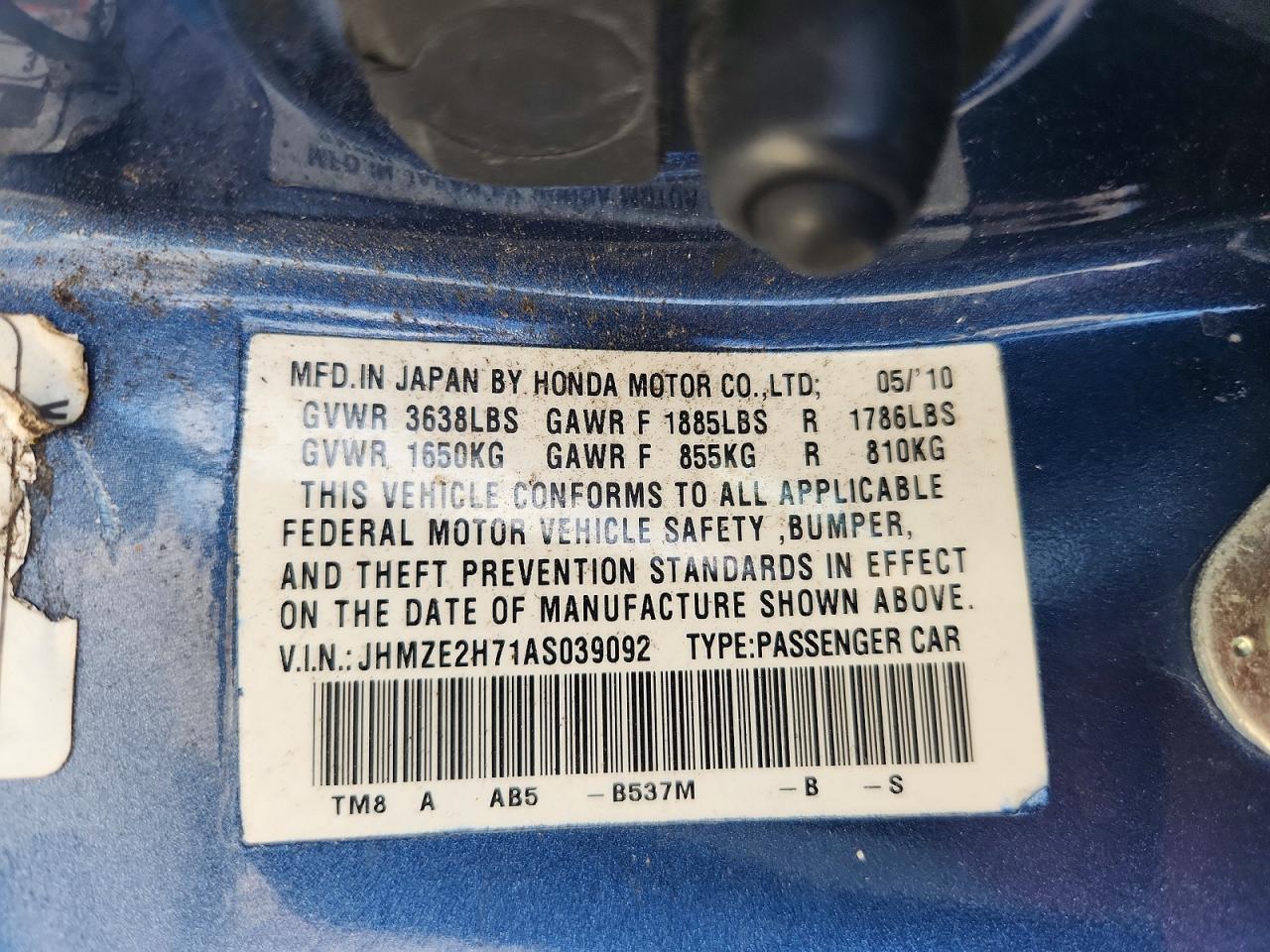 2010 Honda Insight Ex Blue vin: JHMZE2H71AS039092
