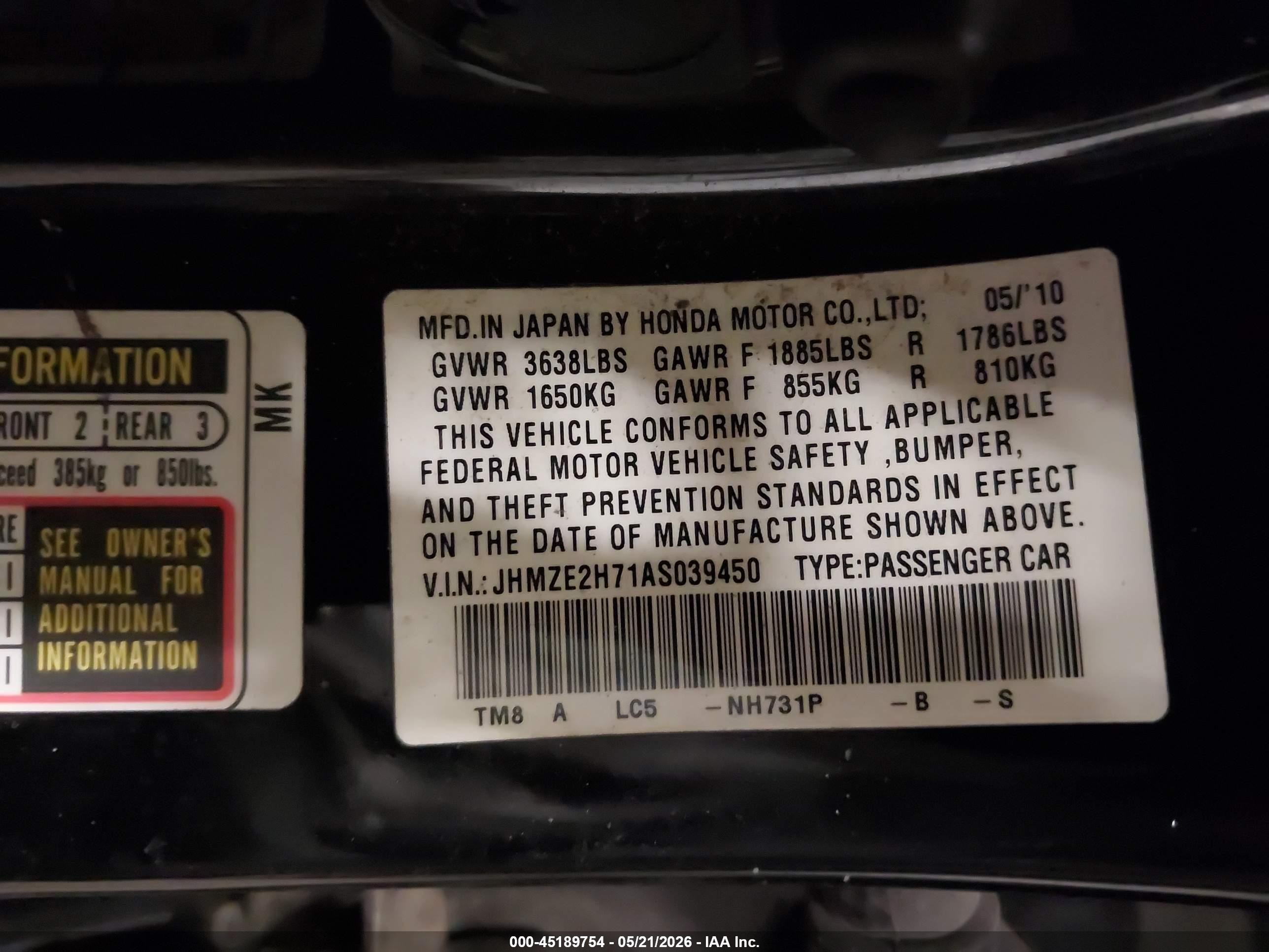 2010 Honda Insight Ex Black vin: JHMZE2H71AS039450