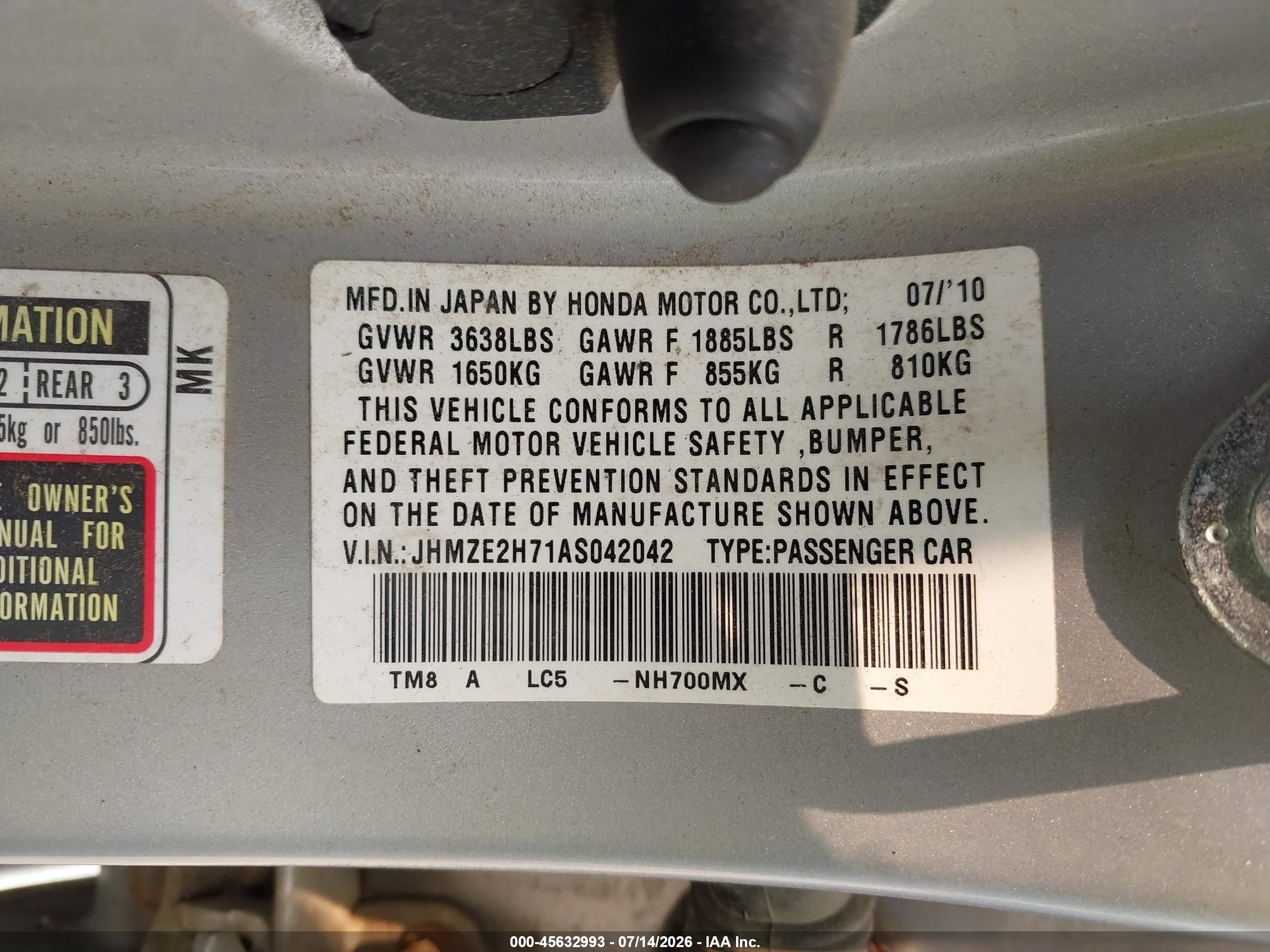 2010 Honda Insight Ex Silver vin: JHMZE2H71AS042042