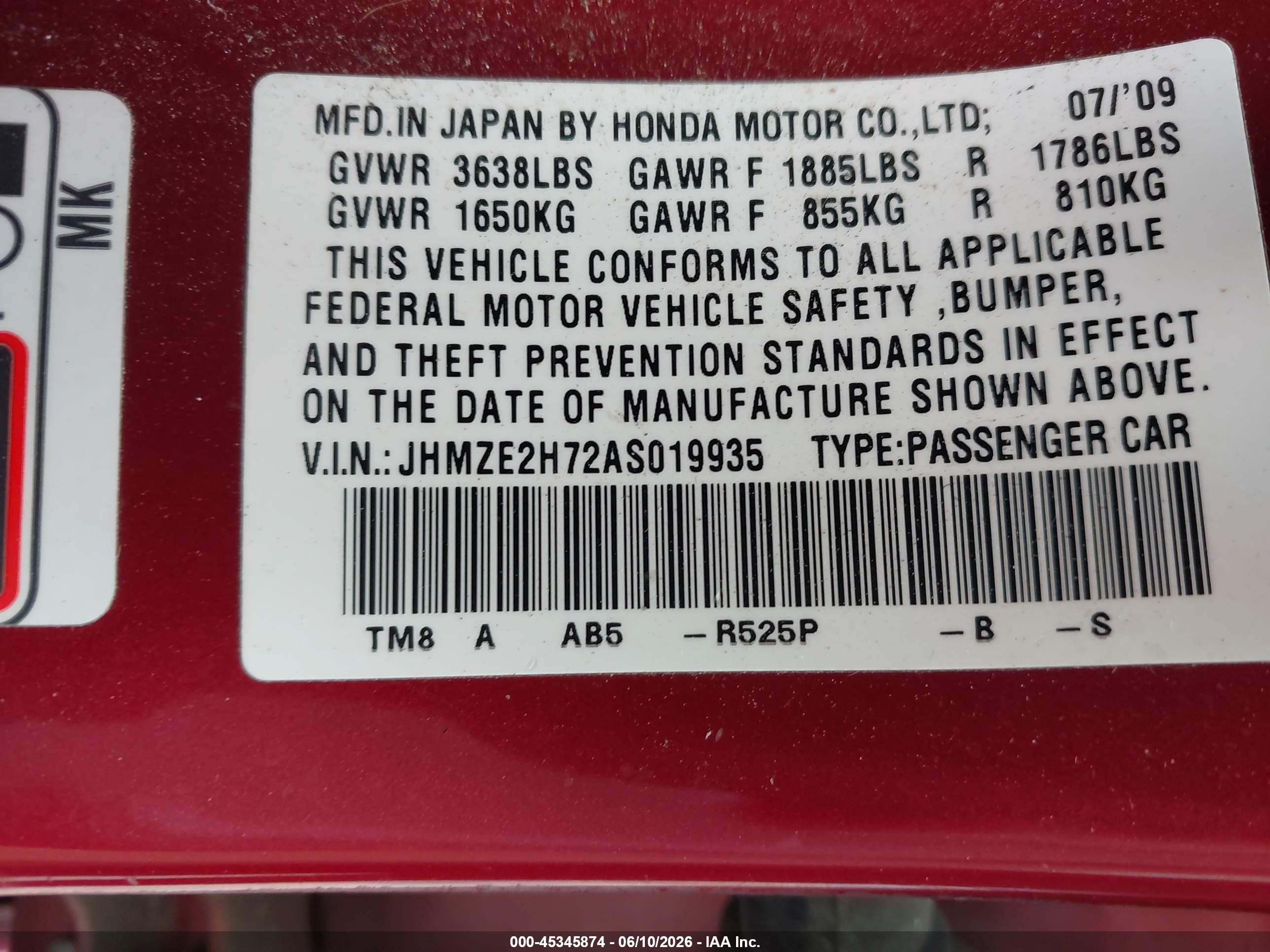 2010 Honda Insight Ex Red vin: JHMZE2H72AS019935