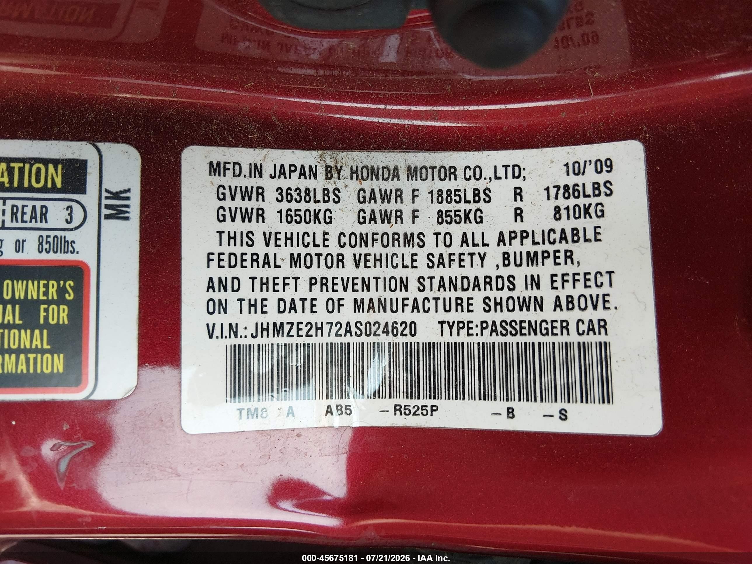2010 Honda Insight Ex Red vin: JHMZE2H72AS024620