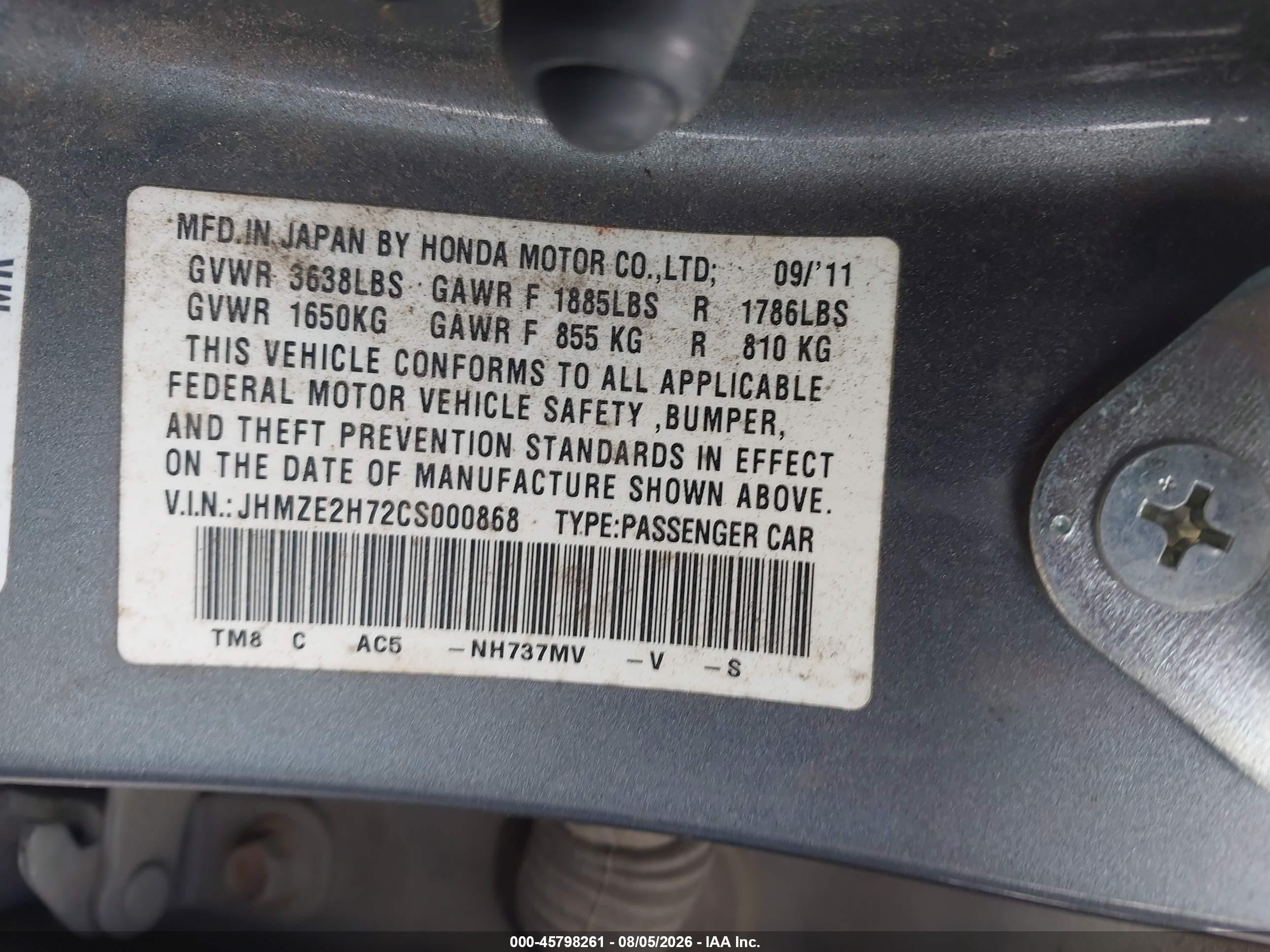 2012 Honda Insight Ex Gray vin: JHMZE2H72CS000868