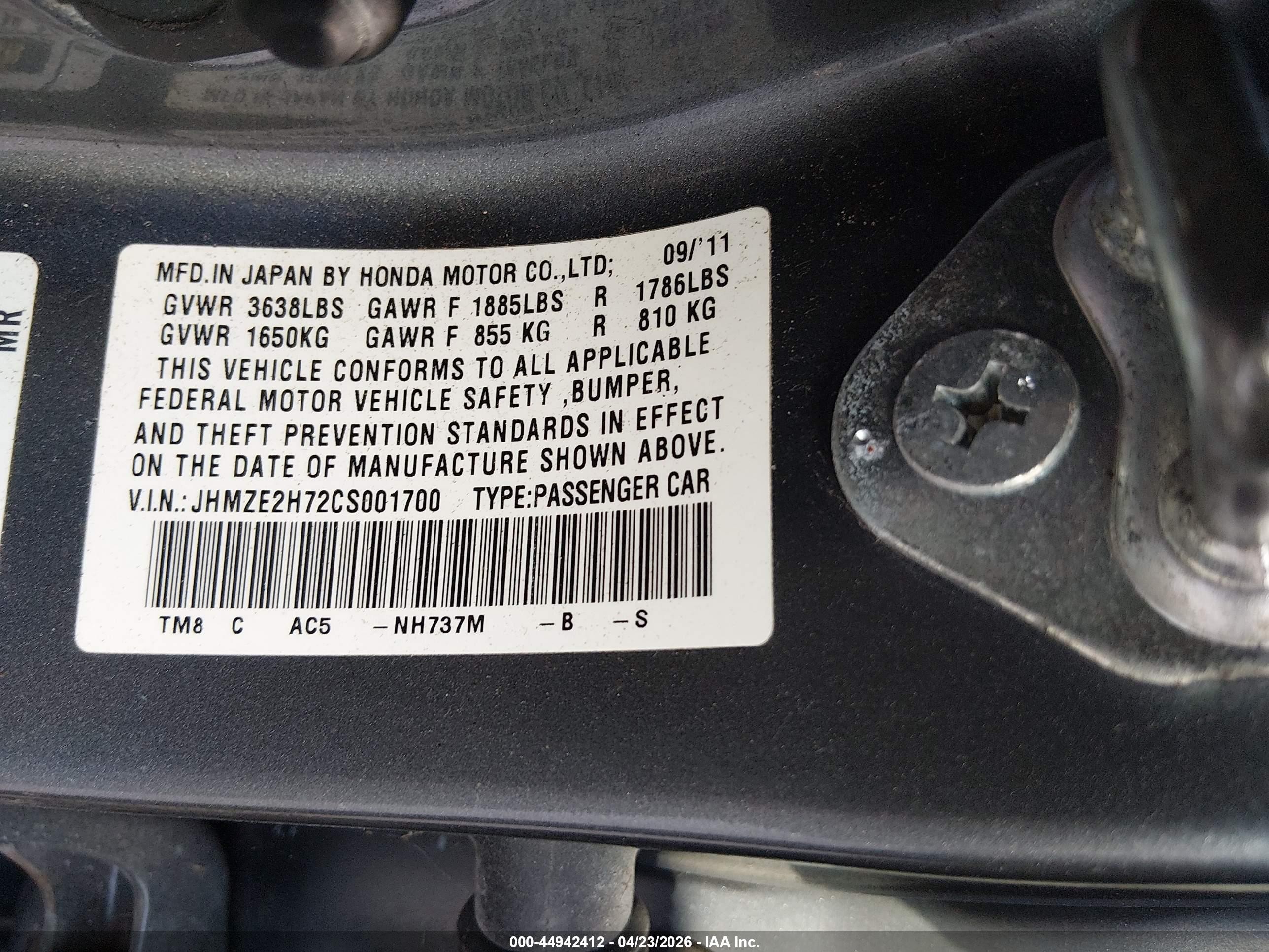 2012 Honda Insight Ex Gray vin: JHMZE2H72CS001700