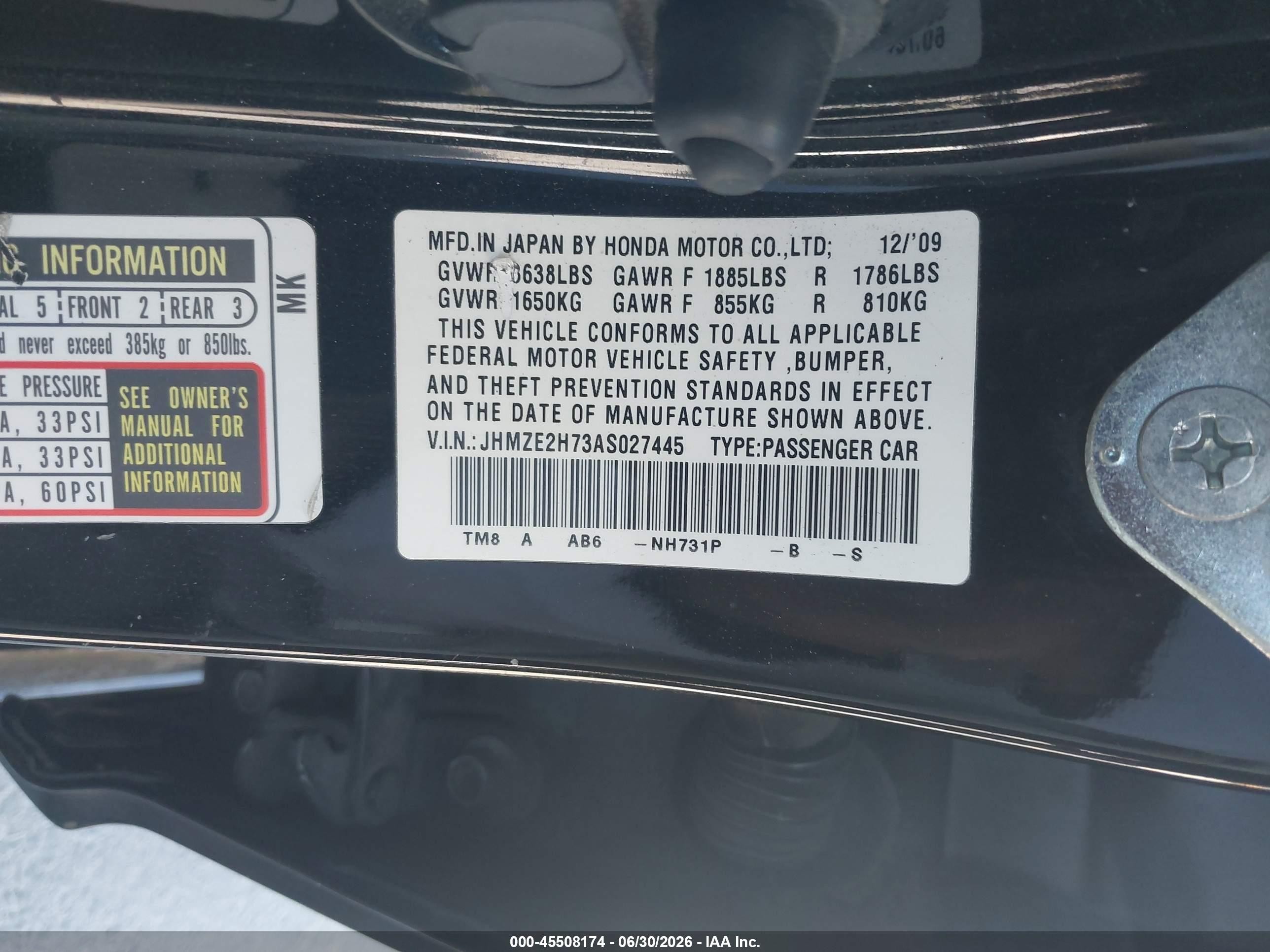 2010 Honda Insight Ex Black vin: JHMZE2H73AS027445