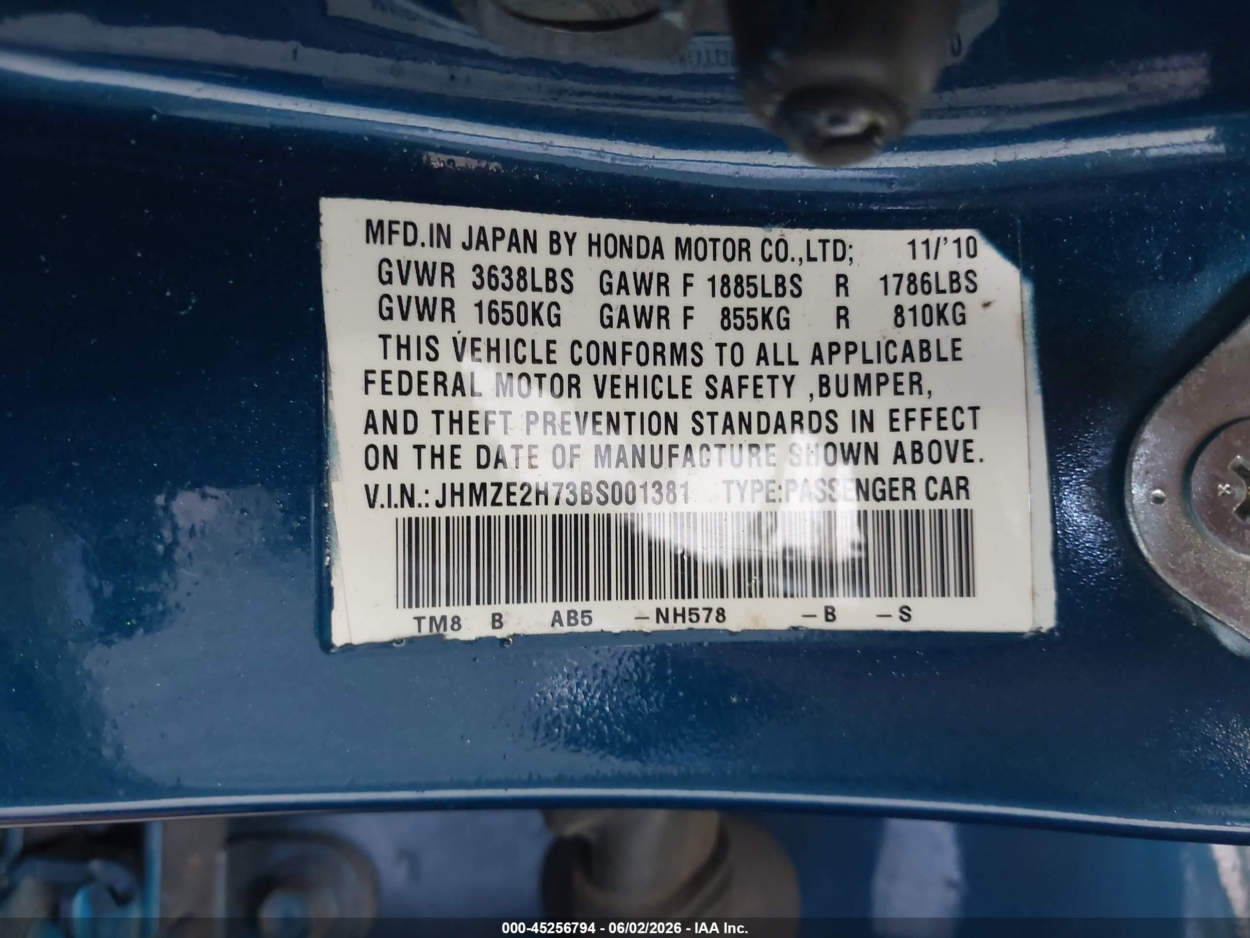2011 Honda Insight Ex Blue vin: JHMZE2H73BS001381