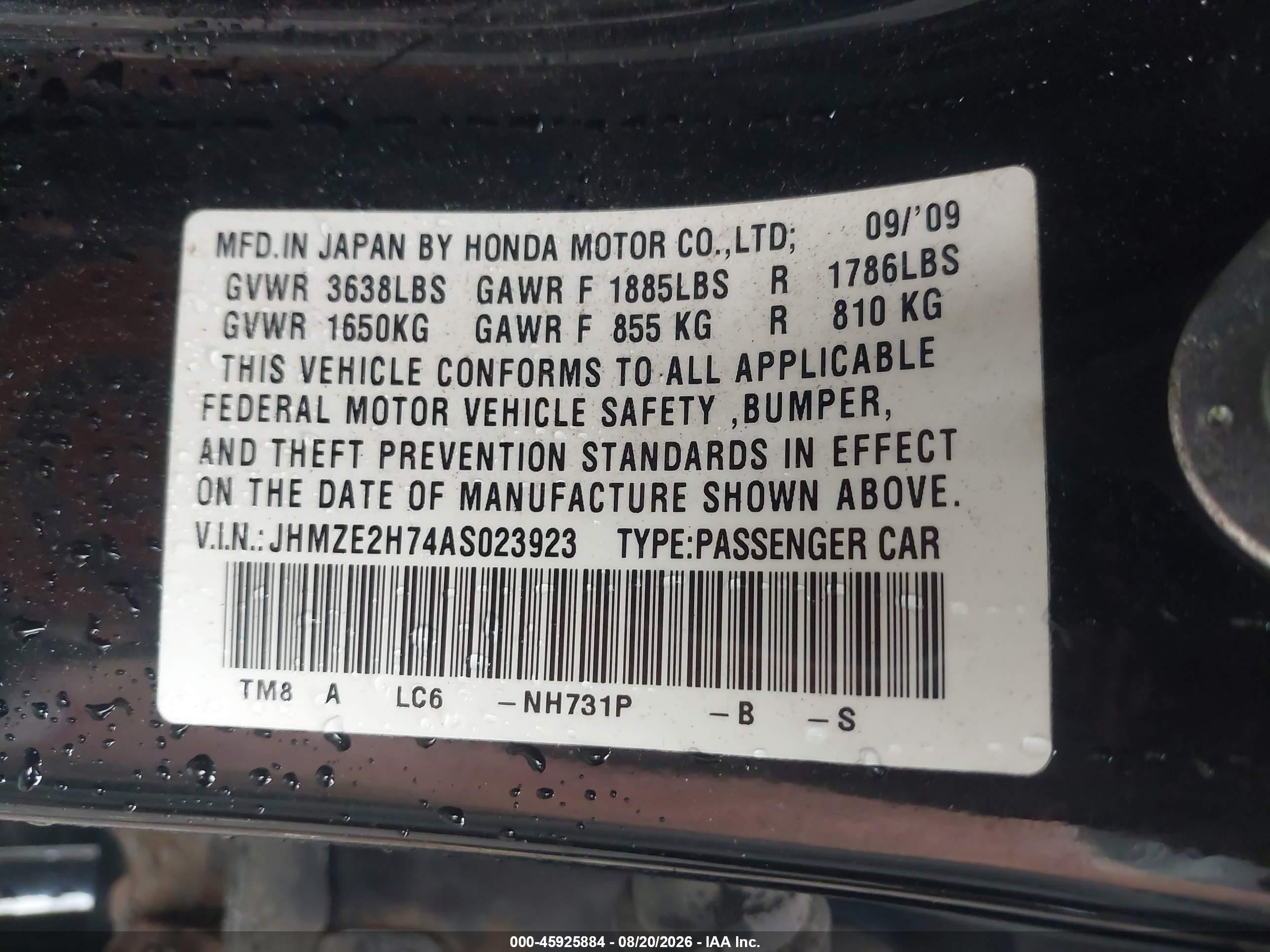 2010 Honda Insight Ex Black vin: JHMZE2H74AS023923