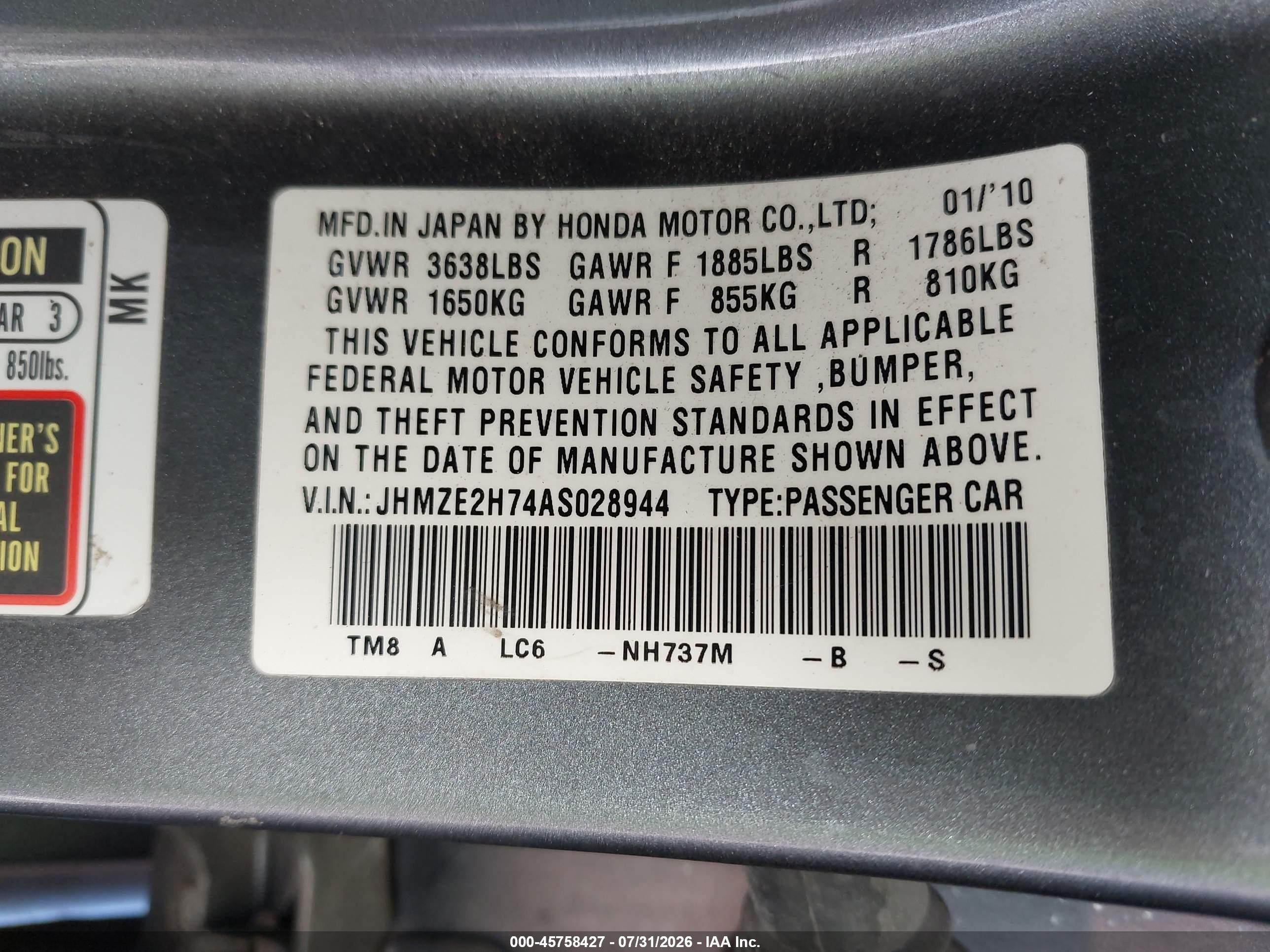 2010 Honda Insight Ex Gray vin: JHMZE2H74AS028944