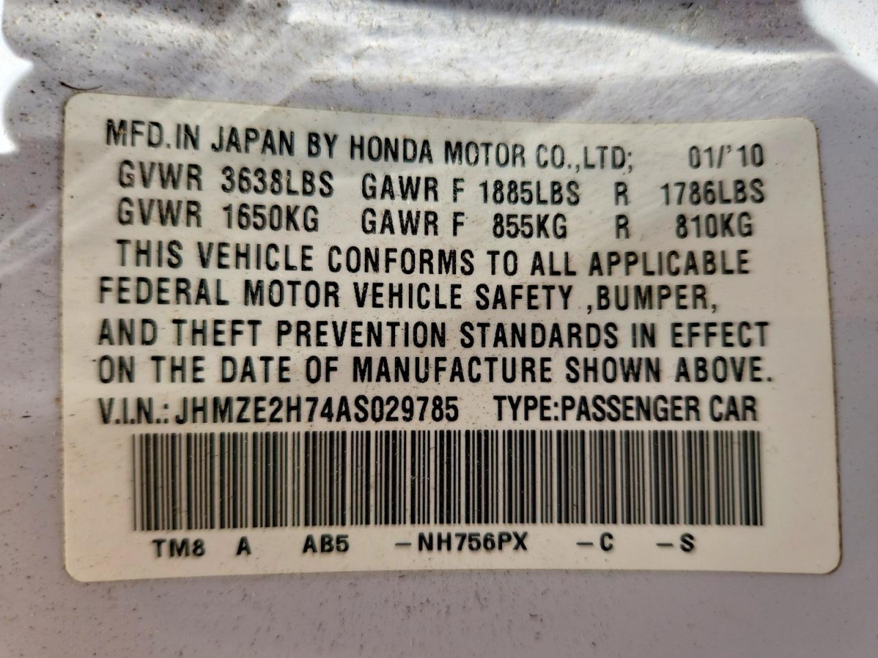 2010 Honda Insight Ex White vin: JHMZE2H74AS029785