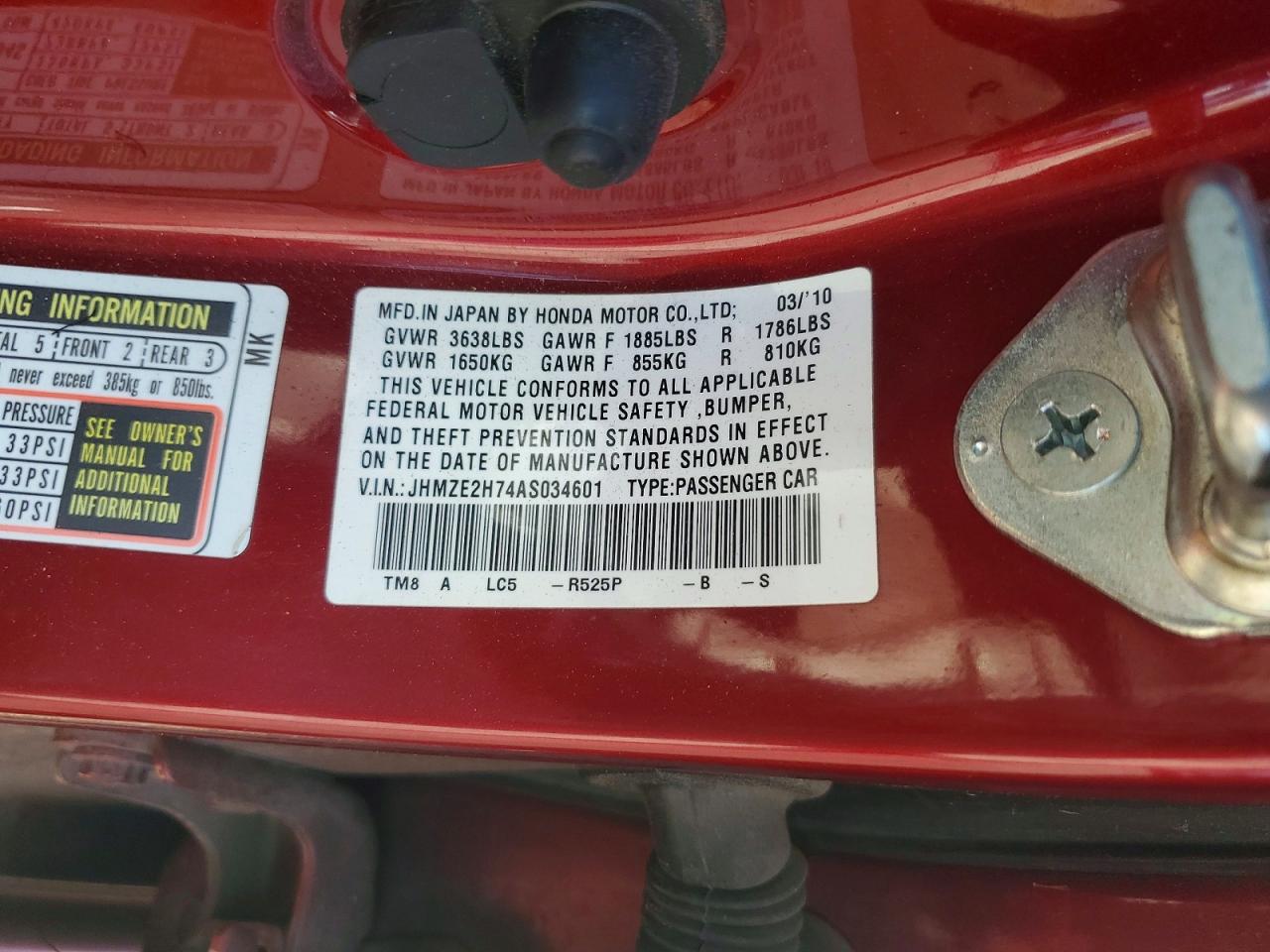 2010 Honda Insight Ex Red vin: JHMZE2H74AS034601