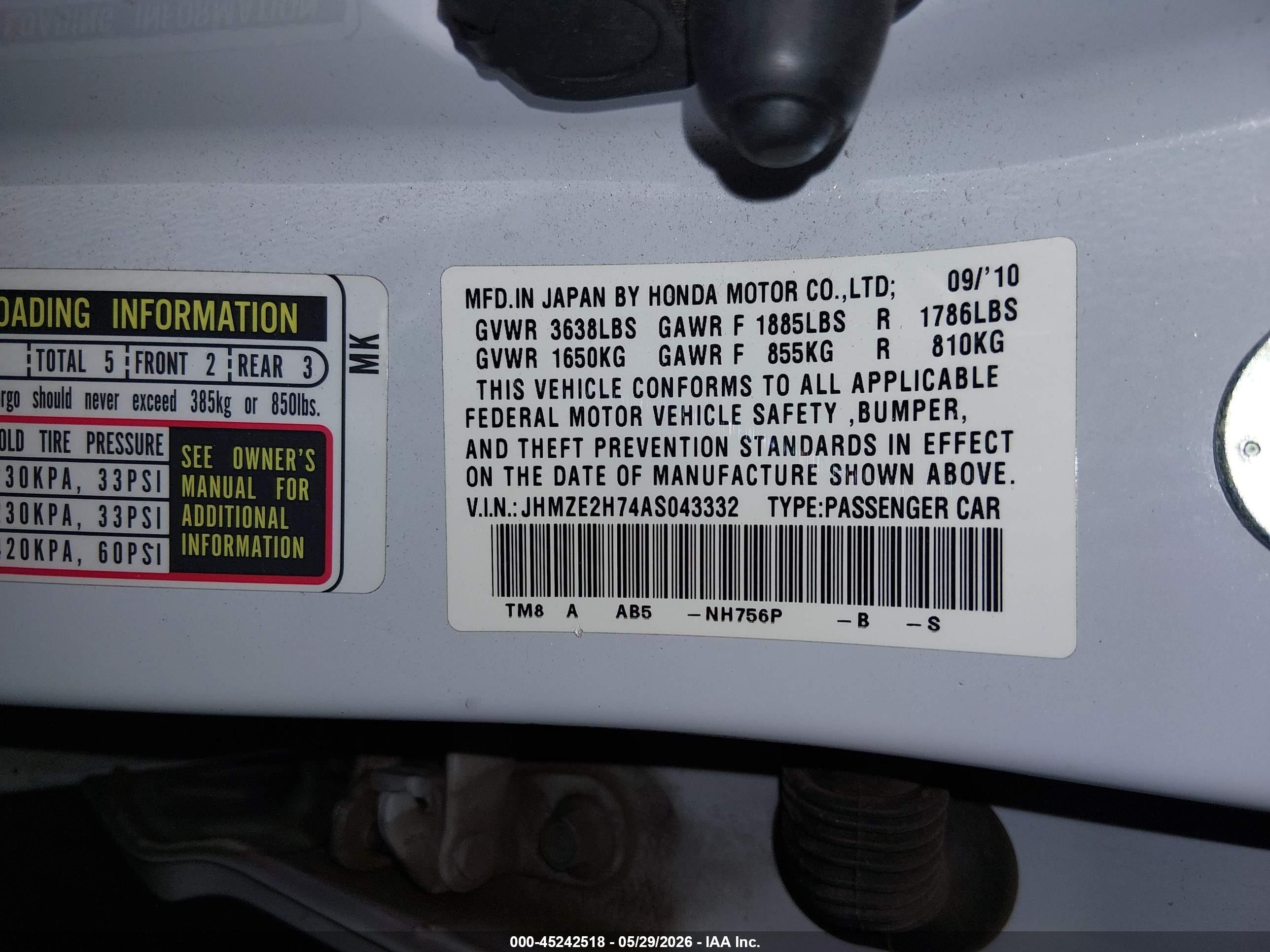 2010 Honda Insight Ex Light Blue vin: JHMZE2H74AS043332