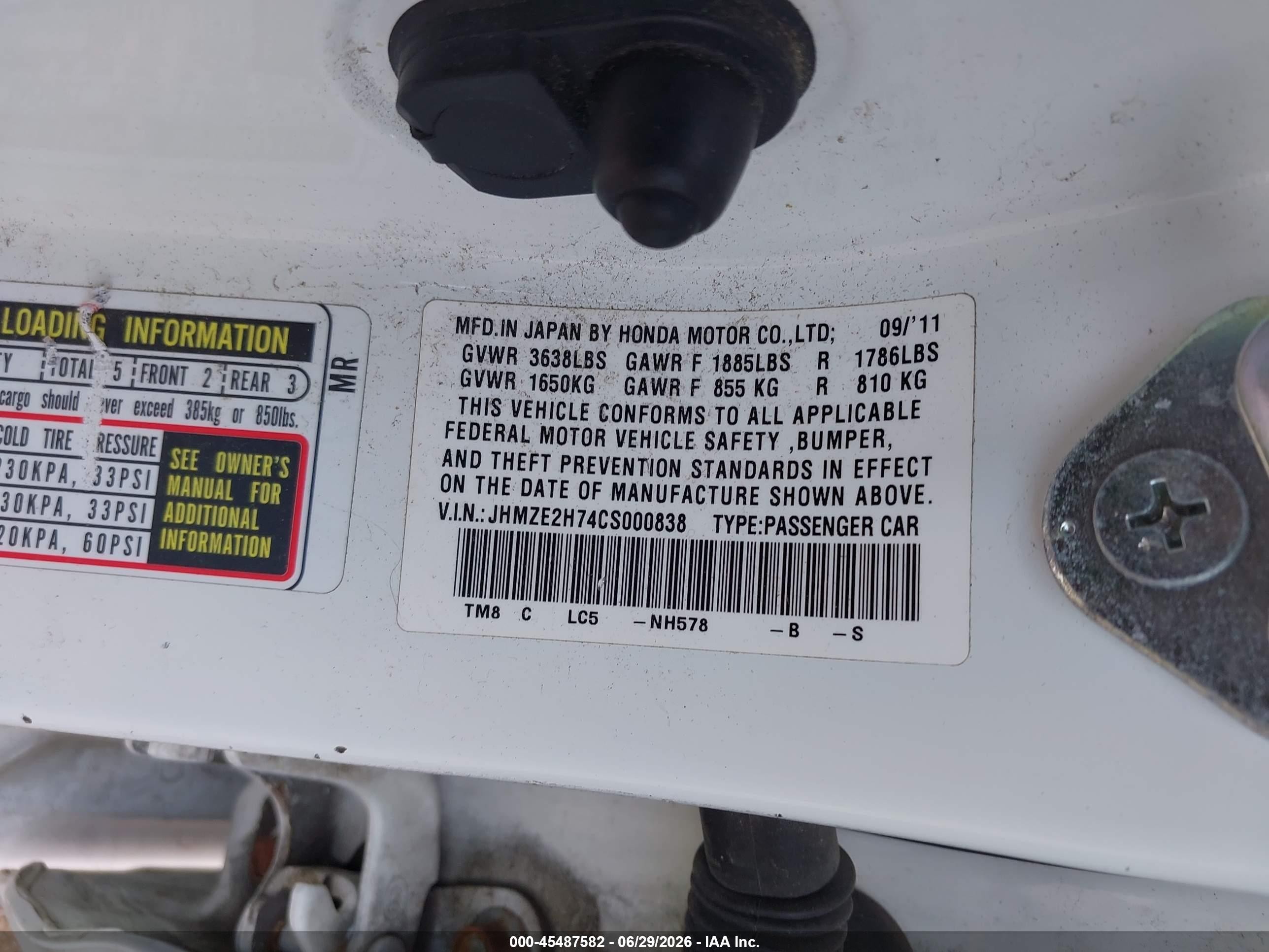 2012 Honda Insight Ex White vin: JHMZE2H74CS000838