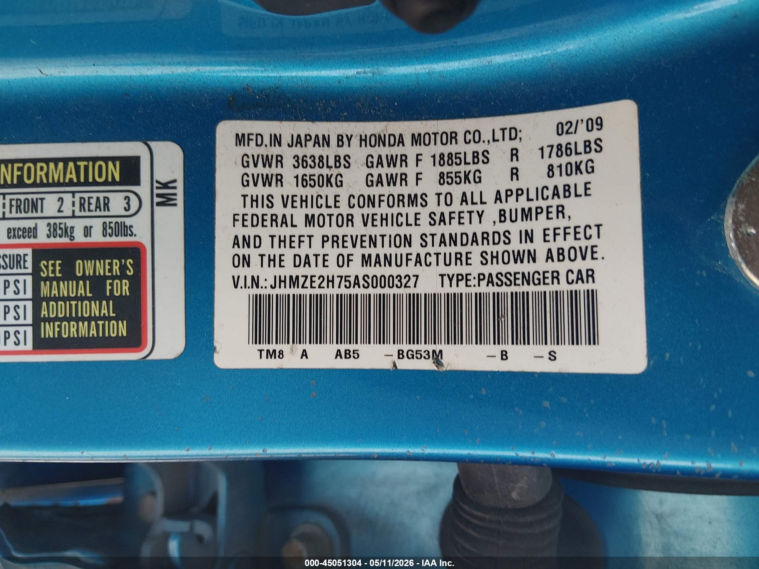 2010 Honda Insight Ex Blue vin: JHMZE2H75AS000327