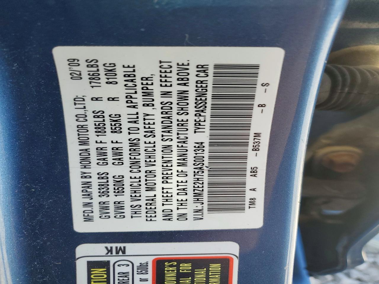 2010 Honda Insight Ex Blue vin: JHMZE2H75AS001364